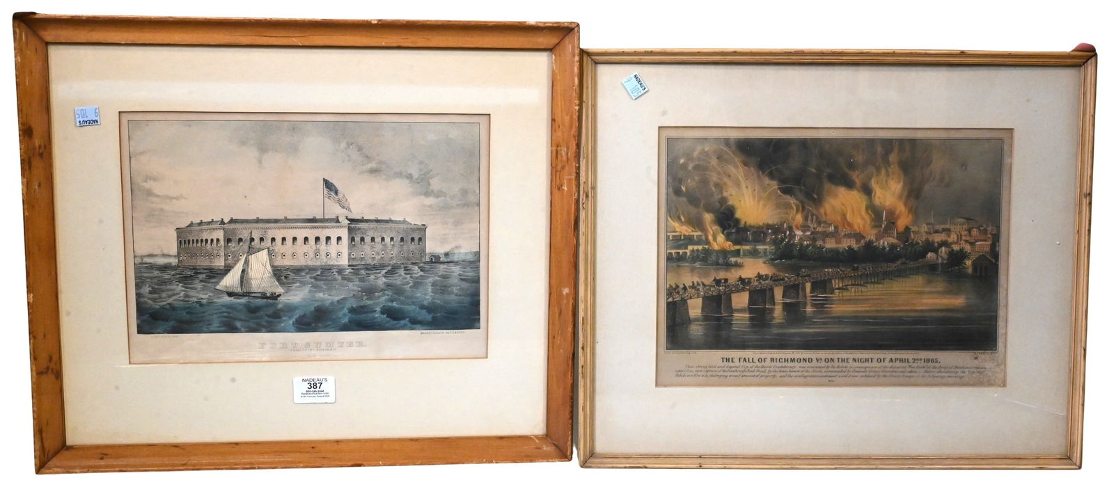 Two Framed Currier and Ives Civil War Engravings: Two Framed Currier and Ives Civil War Engravings to include "Fall of Richmond Va. on the Night of April 2nd 1865" Lithograph with original hand color 8" x 12 1/2" plate "Fort Sumter Charleston