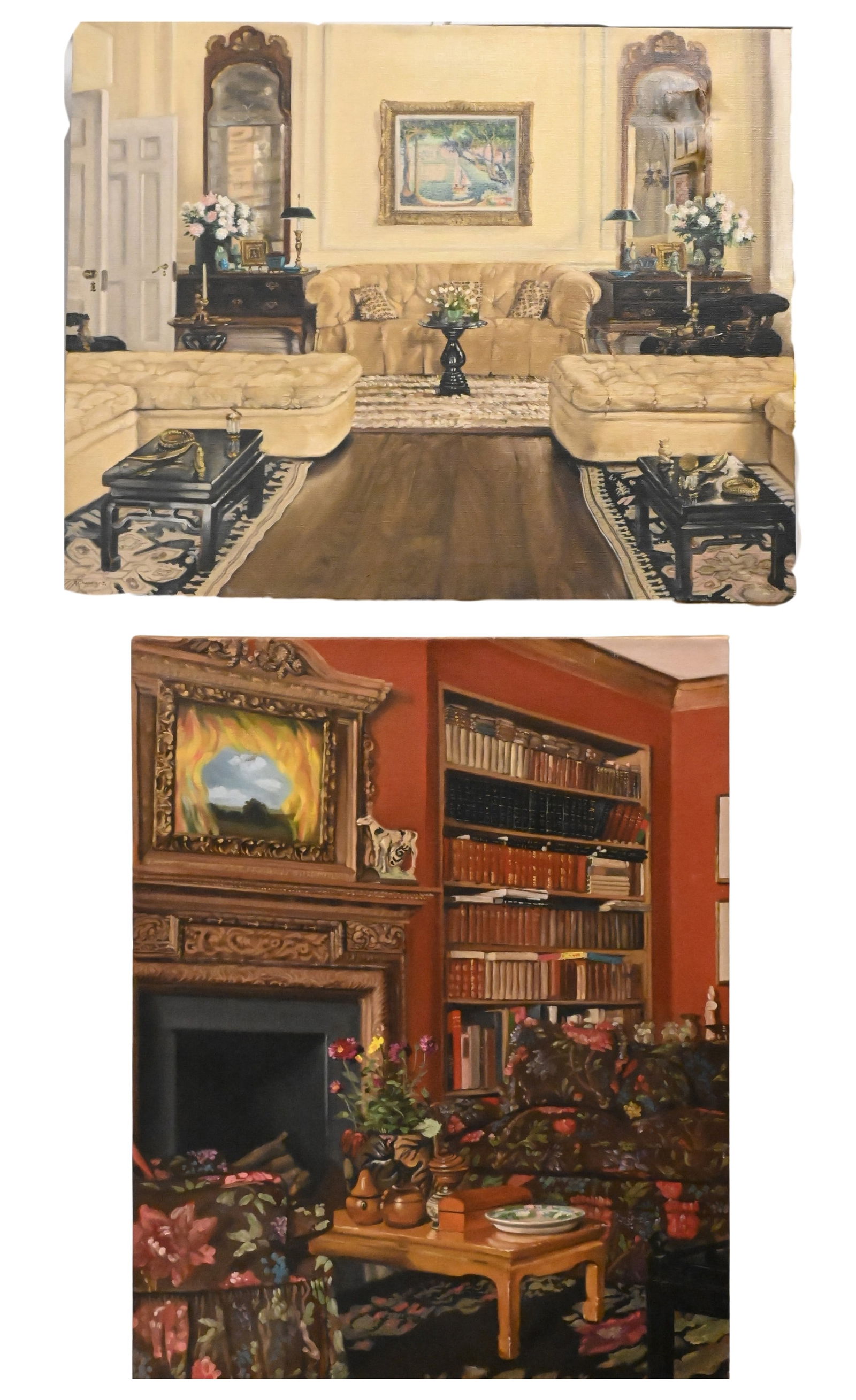 Two: A.Christian (20th Century): Two: A.Christian (20th Century) New York City Apartment Parlor Interior, 1981 featuring Paul Signac's painting "Antibes La Pointe de Bacon" as the focal point Oil on canvas Signed and dated lower