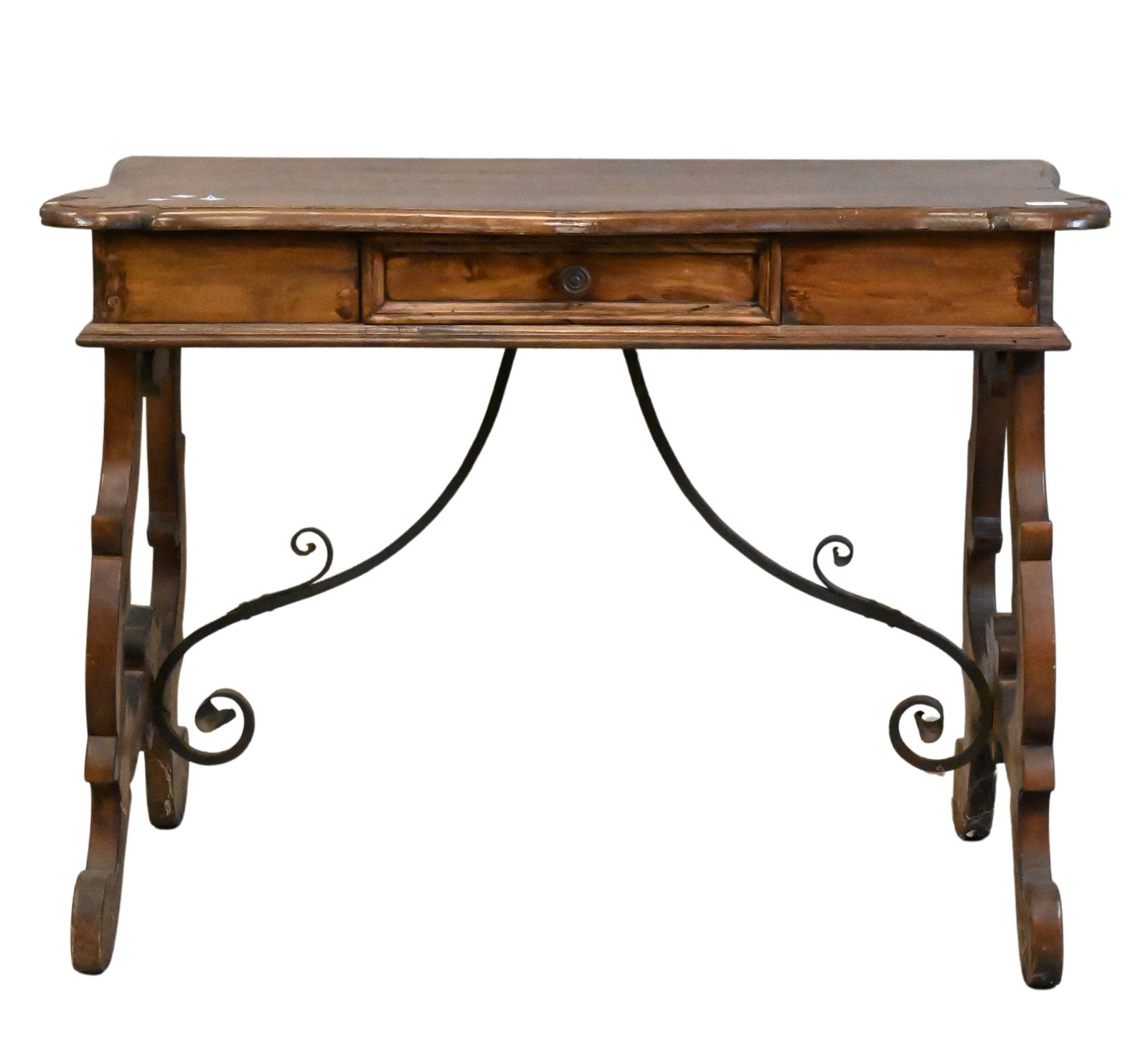 Italian Baroque Style Writing Desk: Italian Baroque Style Writing Desk having shaped top over single drawer, set on lyre base height 31 inches, top 24" x 41"