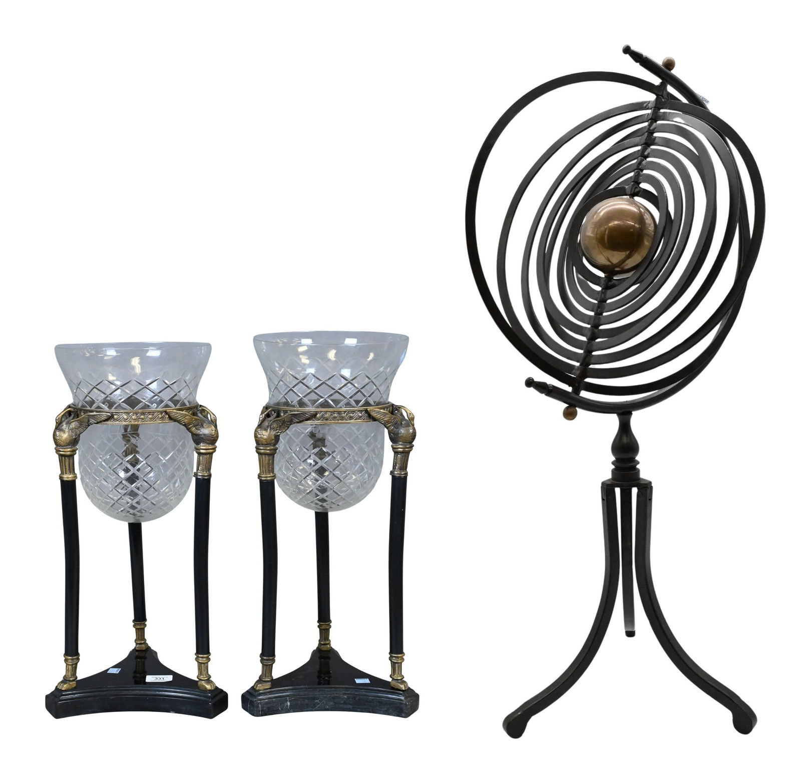 Three Piece Decorative Group: Three Piece Decorative Group to include a pair of neoclassical crystal and marble vases each having etched glass insert set in base with three swans atop supports ending in paw feet on a marble