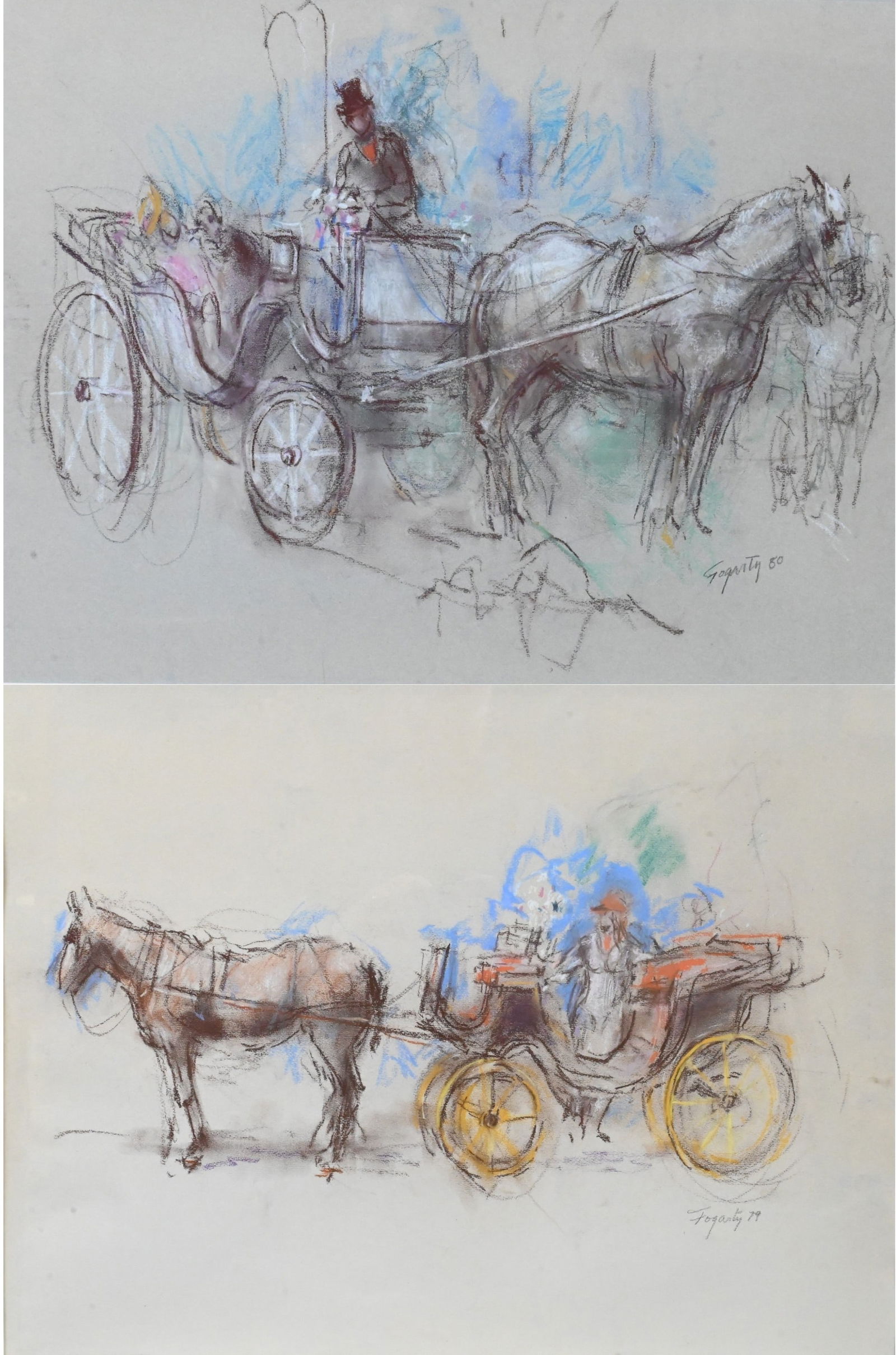 Two: Thomas J. Fogarty Jr. (American 1916-1989): Two: Thomas J. Fogarty Jr. (American 1916-1989) Brown Horse and Carriage, 1979 Pastel on paper Signed and dated lower right Fogarty '79 19" x 25" White Horse and Carriage, 1980 Pastel on paper 