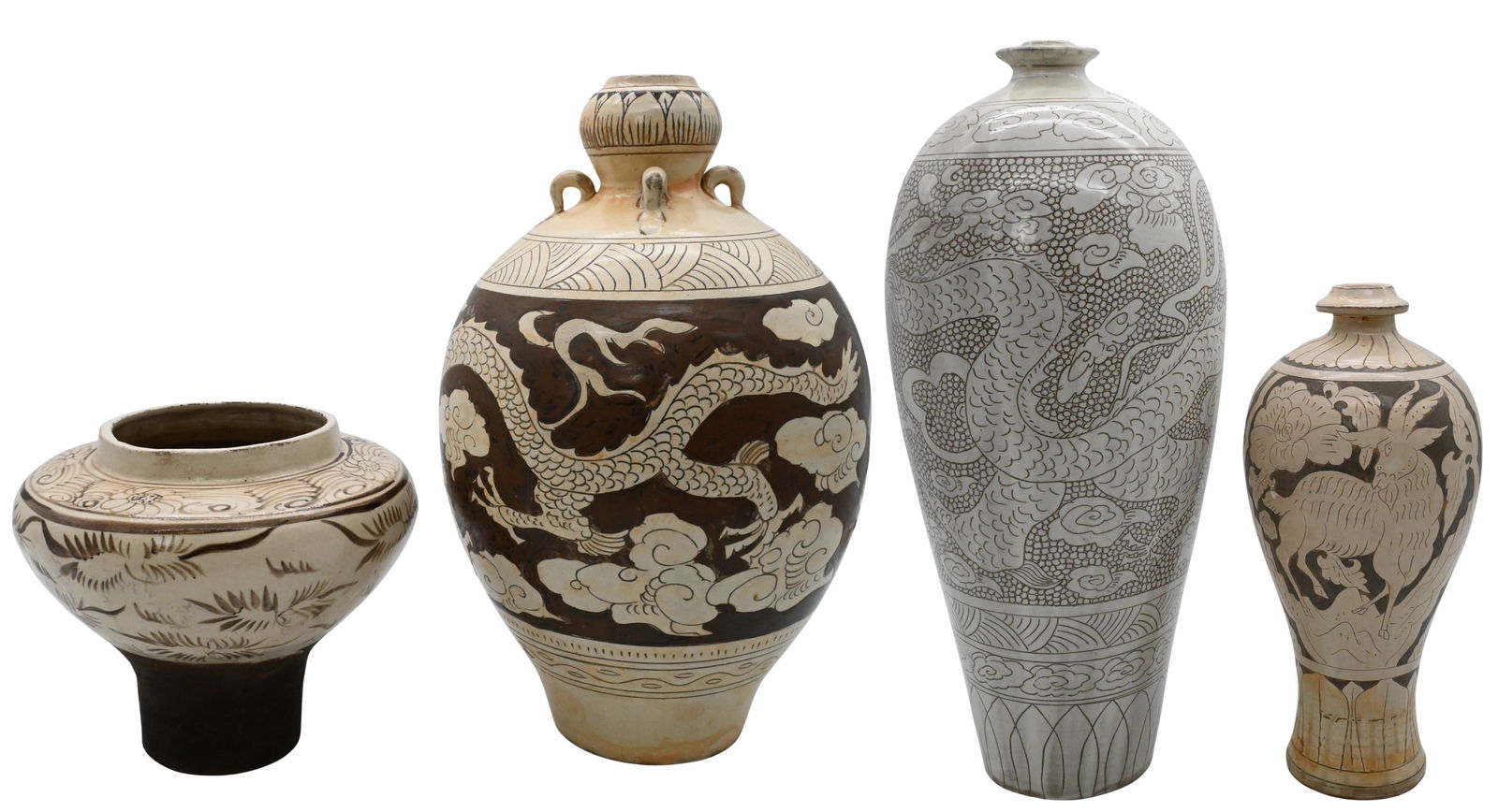 Group of Four Chinese Cizhou Style Stoneware Vases: Group of Four Chinese Cizhou Style Stoneware Vases to include two vases of Meiping style and tapering form with black slip decoration on a cream ground, one with dragon and cloud motifs the other
