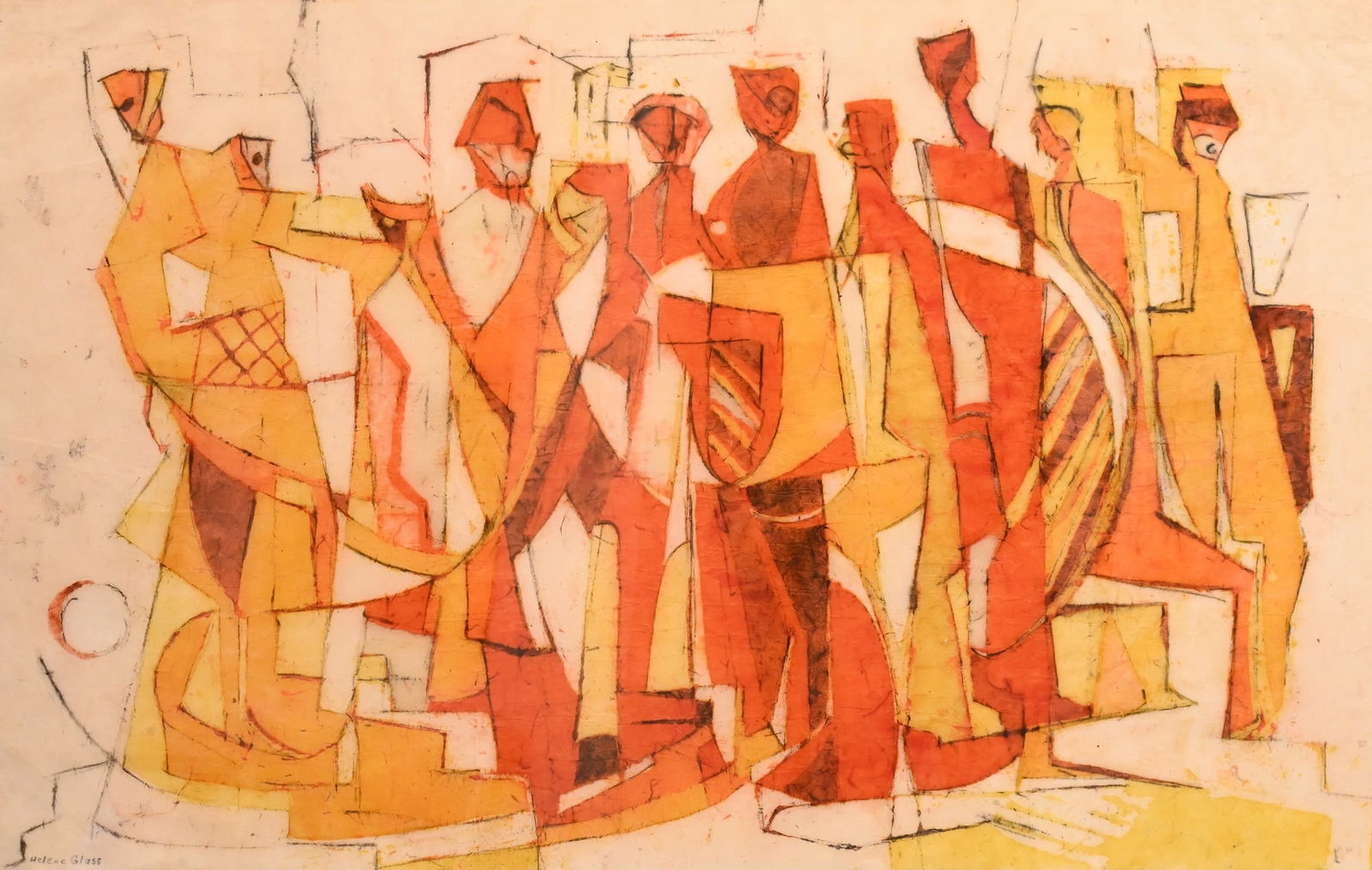 Large Helene Glass (American 20th/21st Century) Framed Geometric Still Life: Large Helene Glass (American 20th/21st Century) Framed Geometric Still Life "Poppies and Peonies" Mixed media, watercolor, ink on rice paper Signed lower left Helene Glass 34" x 46" frame size Provena