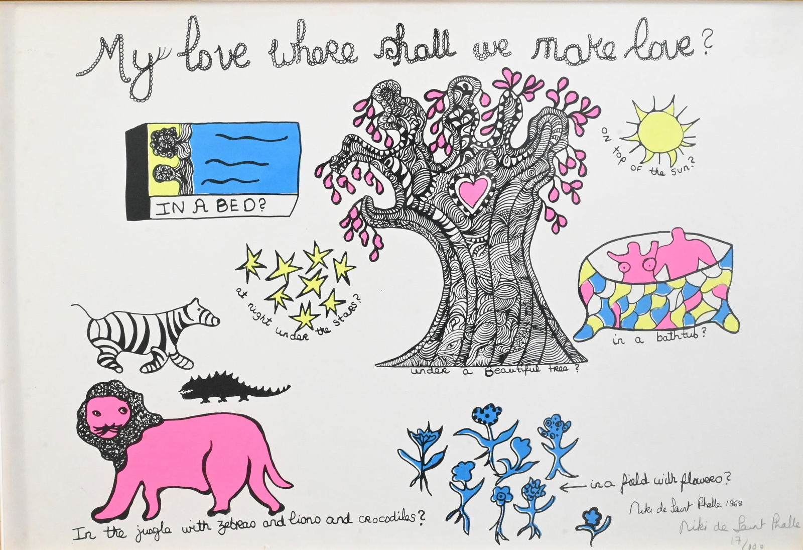 Niki de Saint Phalle (French/American 1930-2002): Niki de Saint Phalle (French/American 1930-2002) "My Love Where Shall We Make Love?" Color screenprint on paper, edition 17/100 The composition presents a playful, graphic tableau of handwritten text