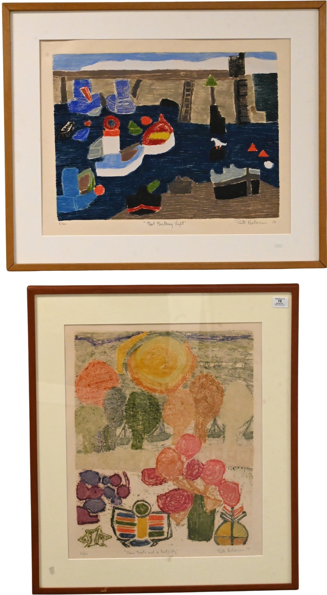 Two: Ruth Kerkovius (German 1921-2007): Two: Ruth Kerkovius (German 1921-2007) "Four Boats and a Butterfly", 1974 Lithograph, edition 26/30 Signed and dated lower right Ruth Kerkovius '74 22" x 18" plate, 30" x 26" frame "The Brittany Light