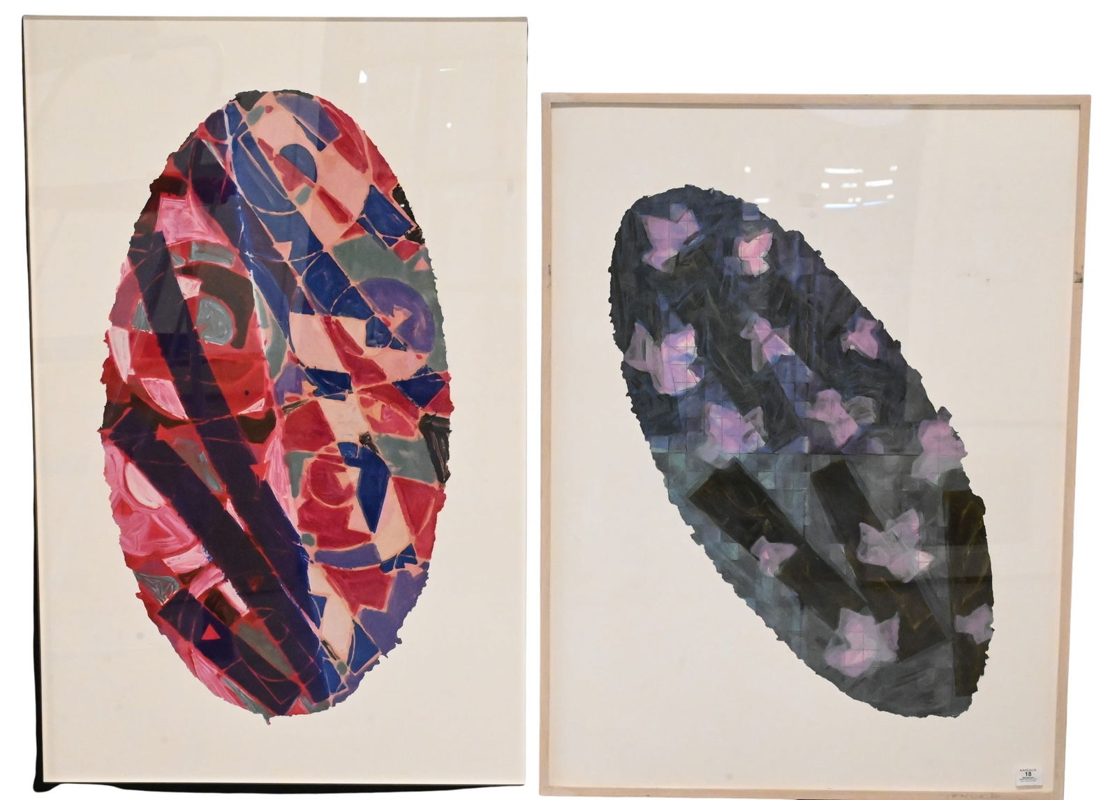 Two: Sandy Kinnee (American B.1947): Two: Sandy Kinnee (American B.1947) "Ducks Pond; Fans and Leaves #1" Mixed media, handmade paper, acrylic collage 40" x 30" frame "Reach IX" Mixed media, handmade paper, acrylic collage 44 1/2"