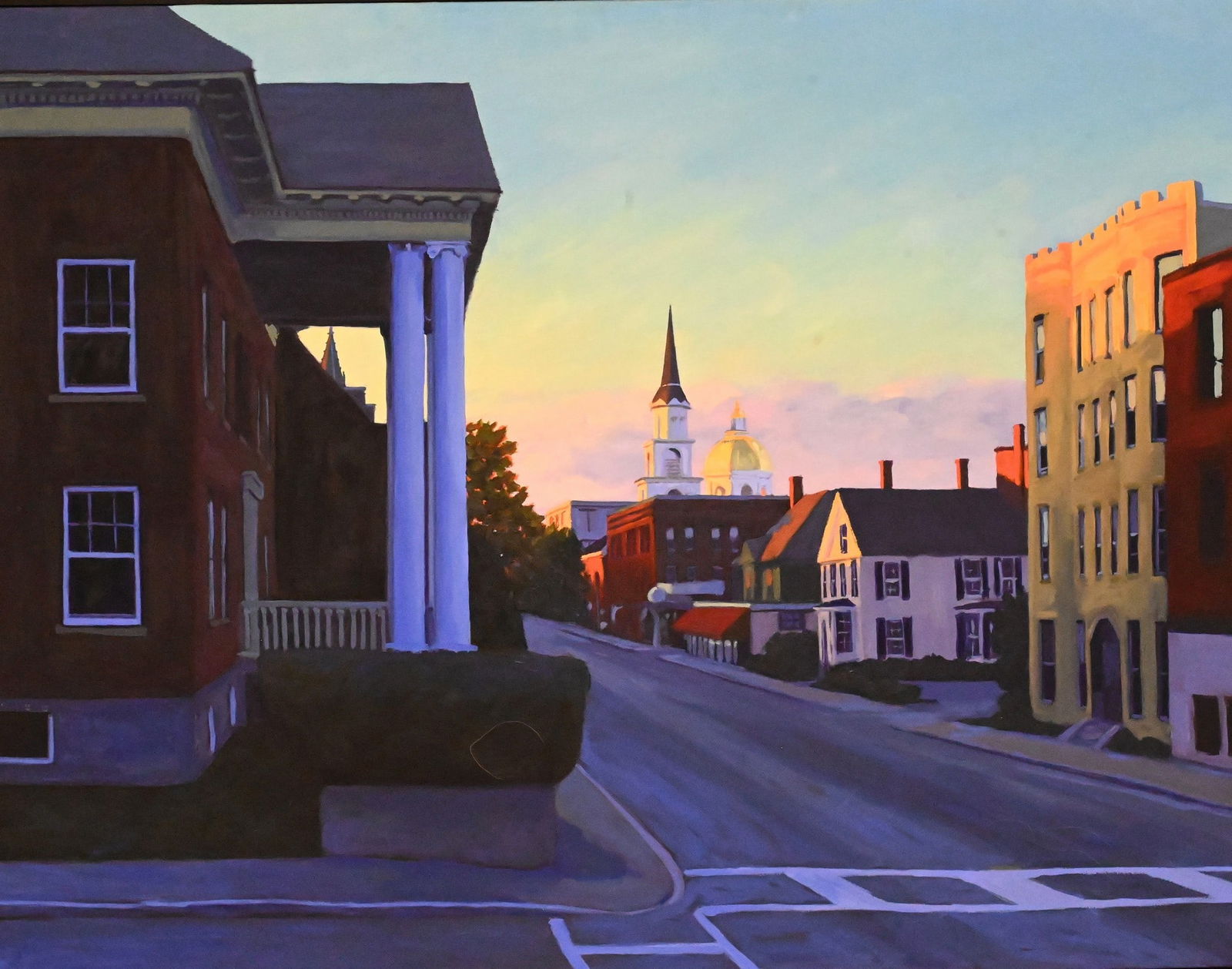 Melissa Anne Miller (American B.1964): Melissa Anne Miller (American B.1964) "School Street with Church, Concord, New Hampshire" Oil on canvas Original museum label verso 36" x 46" canvas Provenance: The McIninch Art Gallery,