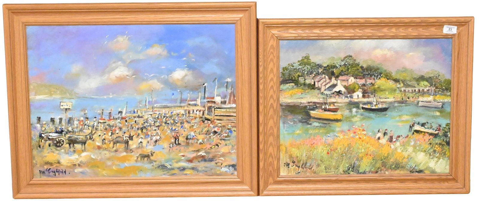 Two: Ira Englefield (British 1912-D.): Two: Ira Englefield (British 1912-D.) Landscape with Figures by the Beach Oil on canvas Signed lower left Ira Englefield 18" x 24" River Scene with Village and Boats Oil on canvas Signed lower left Ir