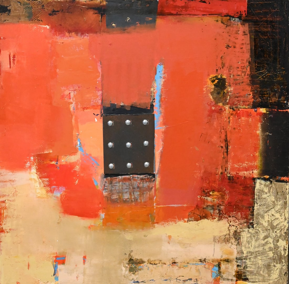 Sharon Booma (American 20th/21st Century): Sharon Booma (American 20th/21st Century) Red Abstract Composition from Minds and Motives Series, 2007 Mixed media, oil, bolts, metal on wood Signed and dated verso Booma 2007 40" x 40" 