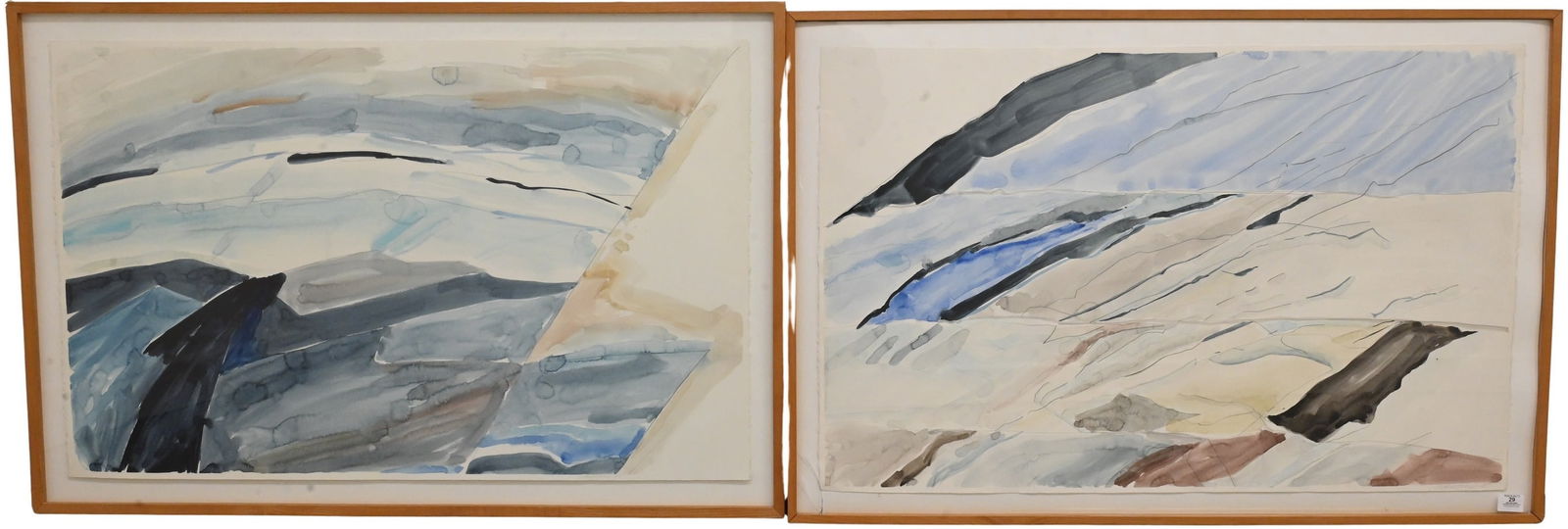 Two: Elizabeth Ginsberg (American B.1942): Two: Elizabeth Ginsberg (American B.1942) Blue Abstract Composition Diptych Watercolor on paper Both signed and dated lower right Elizabeth Ginsberg 1980 30" x 44" each frame Provenance: