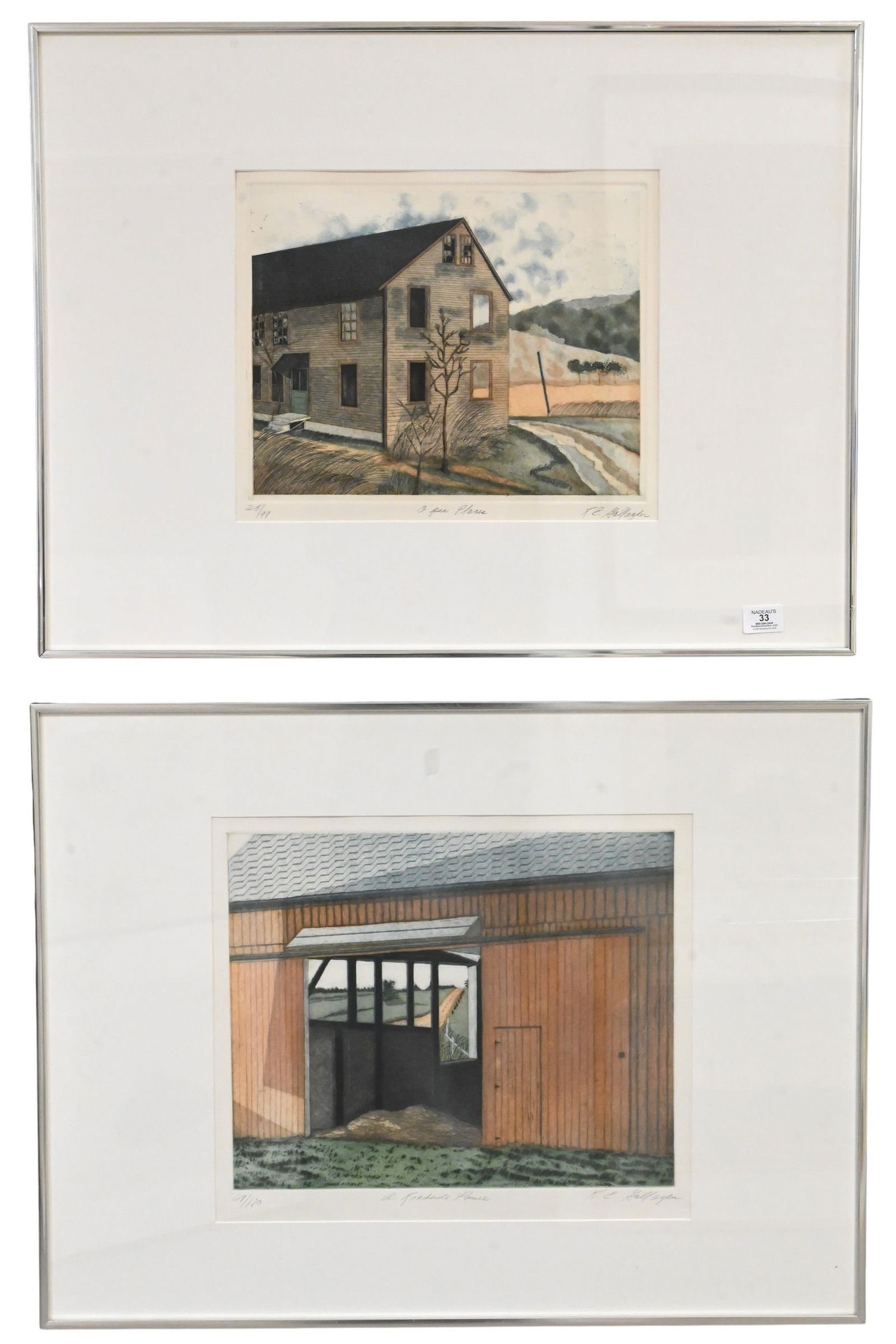 Four Kathleen Gallagher (American 20th/21st Century) Architectural Studies: Four Kathleen Gallagher (American 20th/21st Century) Architectural Studies "A Roadside Pause", edition 69/120 "Reflective Panes", H.C. 7/15 "Hanging Out", edition 78/120 "Trailing Foliage",