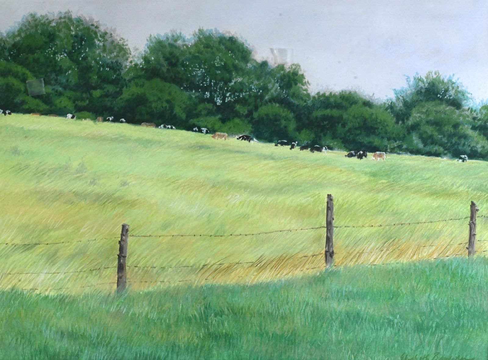 Elizabeth Brewster (American, Connecticut 20th Century): Elizabeth Brewster (American, Connecticut 20th Century) "Southeast Pasture #1", Field with Cows, 1982 Pastel on paper Signed lower right Elizabeth Brewster, signed and dated verso 17 1/2" x 23 1/2" si