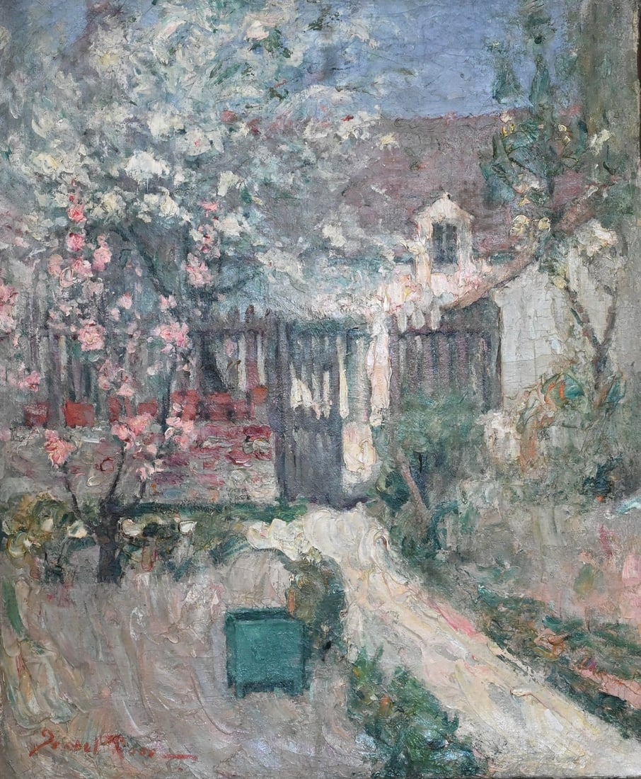 Isabel (Belle) M. Ross (American late 19th/early 20th century): Isabel (Belle) M. Ross (American late 19th/early 20th century) "Cottage with Garden" Oil on canvas A charming garden view depicting a cottage partially screened by flowering trees and foliage, with a