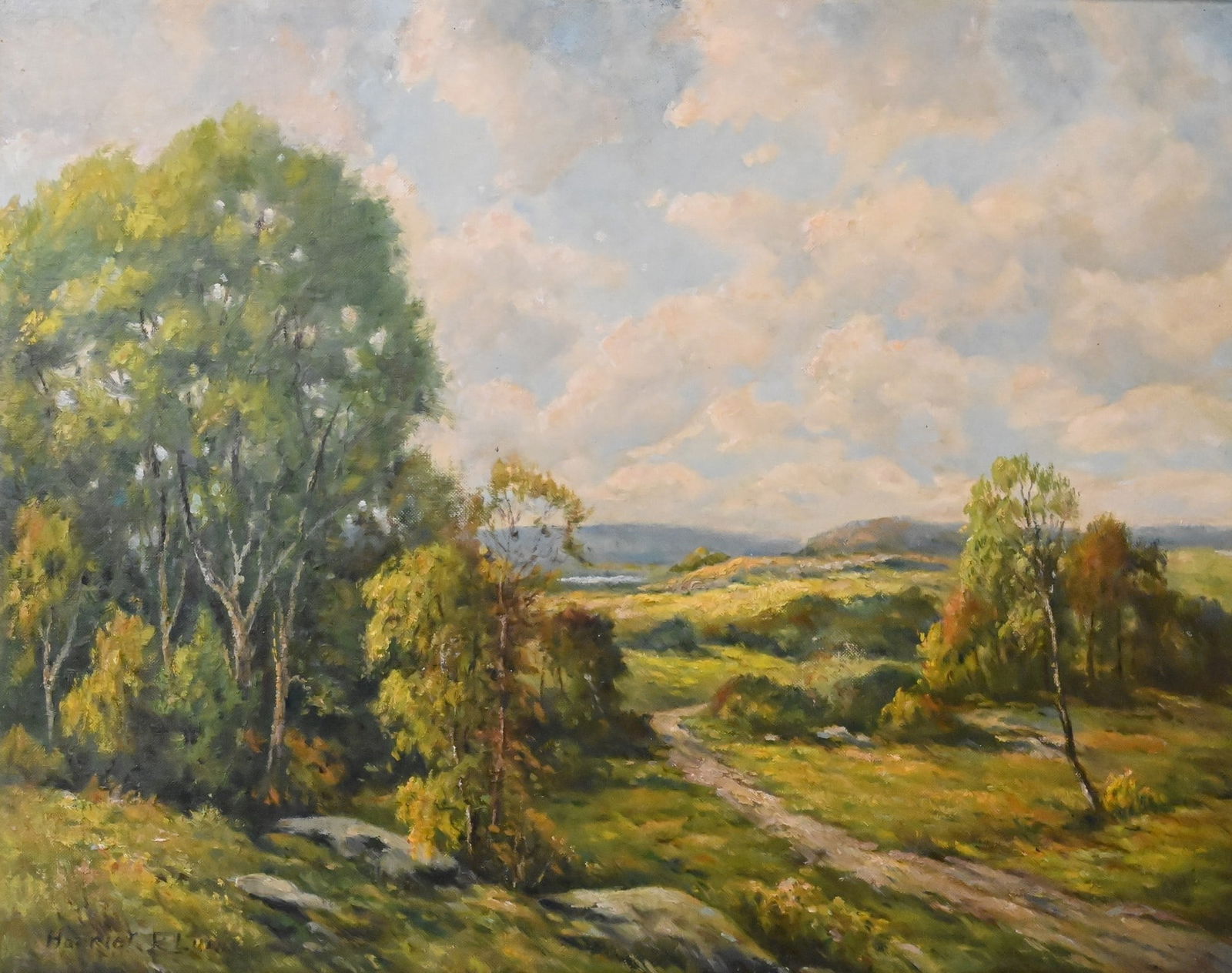 Harriet Randall Lumis (American 1870-1953): Harriet Randall Lumis (American 1870-1953) Summer Landscape with Winding Path Oil on canvas board A tranquil New England landscape depicting a winding country path leading through rolling meadows towa