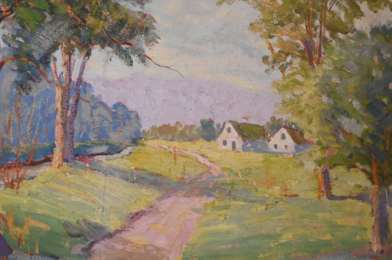 Harriet Randall Lumis (American 1870-1953): Harriet Randall Lumis (American 1870-1953) Landscape with Winding Path to a Farm Oil on canvas A tranquil New England landscape depicting a winding country path flanked by mature trees under a softly