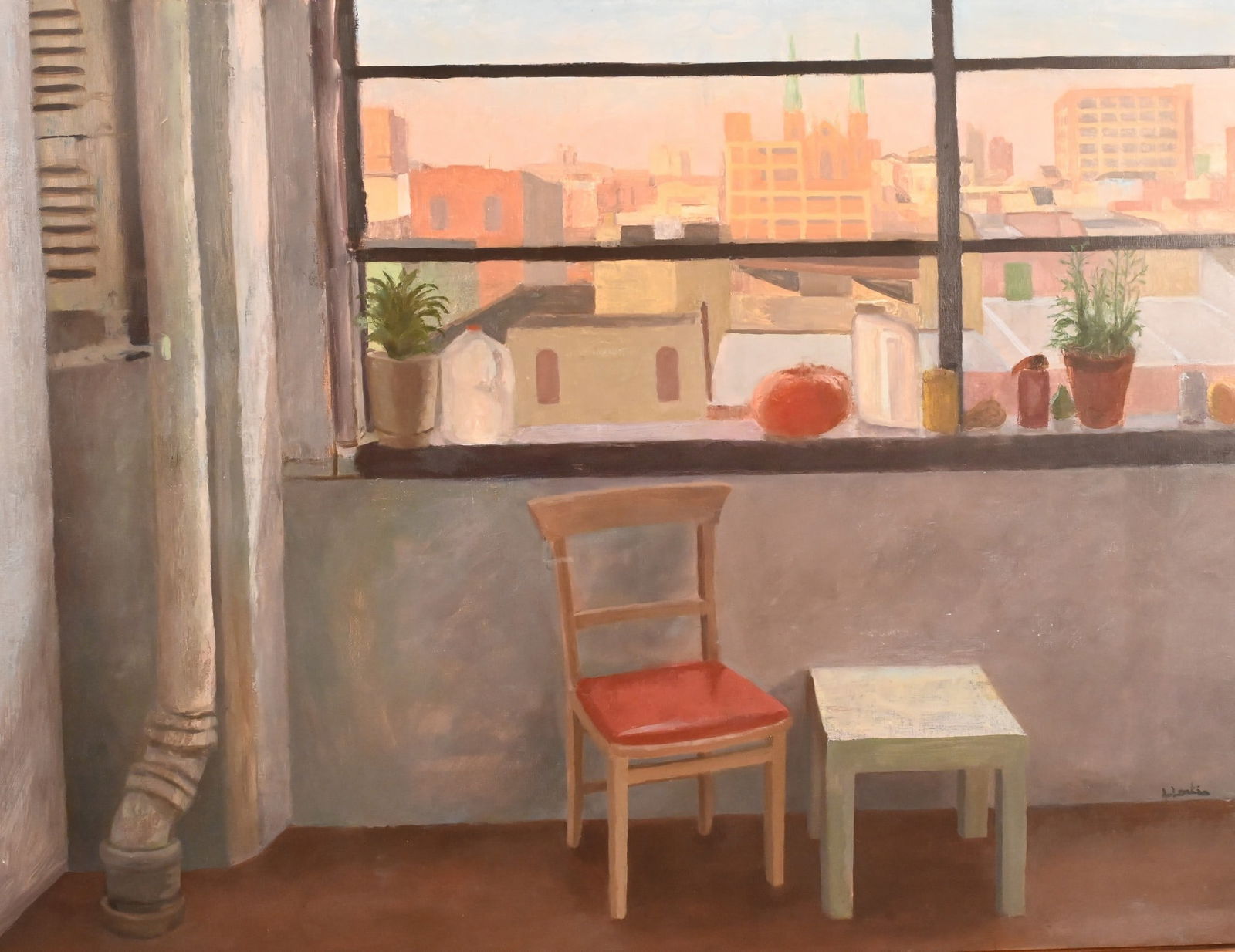 Lisa Lovekin (American 20th Century): Lisa Lovekin (American 20th Century) "Empty Chair" Interior scene with a city skyline view outside of the window Oil on canvas Signed lower right L.Lovekin, label verso with artist's name and title 37