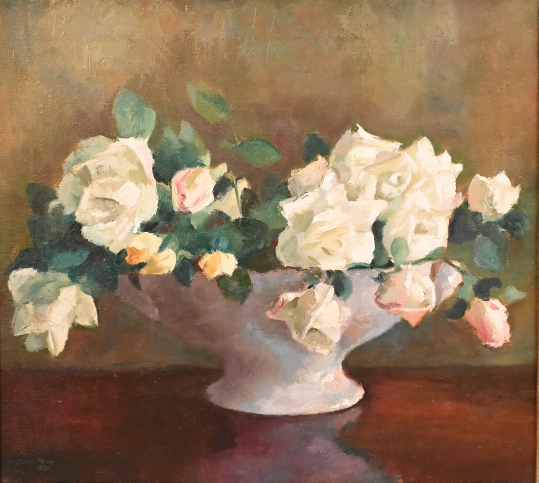 Irene Roberta Price (American 1900-1971): Irene Roberta Price (American 1900-1971) "Still Life of White Roses in a Bowl" 1931 Oil on canvas The composition depicts a bowl of white roses arranged against a subdued ground, rendered in a restrai