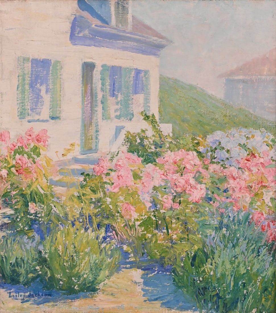 Lesley (Elizabeth) Jackson (American 1866-1958): Lesley (Elizabeth) Jackson (American 1866-1958) "Cottage Garden" Oil on canvas The composition depicts a flowering garden path leading toward a white cottage with blue shutters, rendered in thick impa