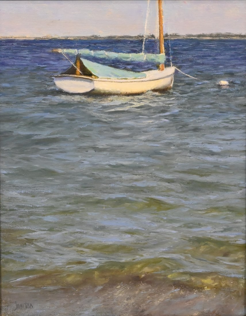 Susan Jositas (American 20th/21st Century): Susan Jositas (American 20th/21st Century) "Rock Gently" Seascape with Sailboat Oil on board Signed lower right Jositas 14" x 11" board, 18 1/2" x 15 1/2" frame Provenance: Susan Powell Fine Art, Madi