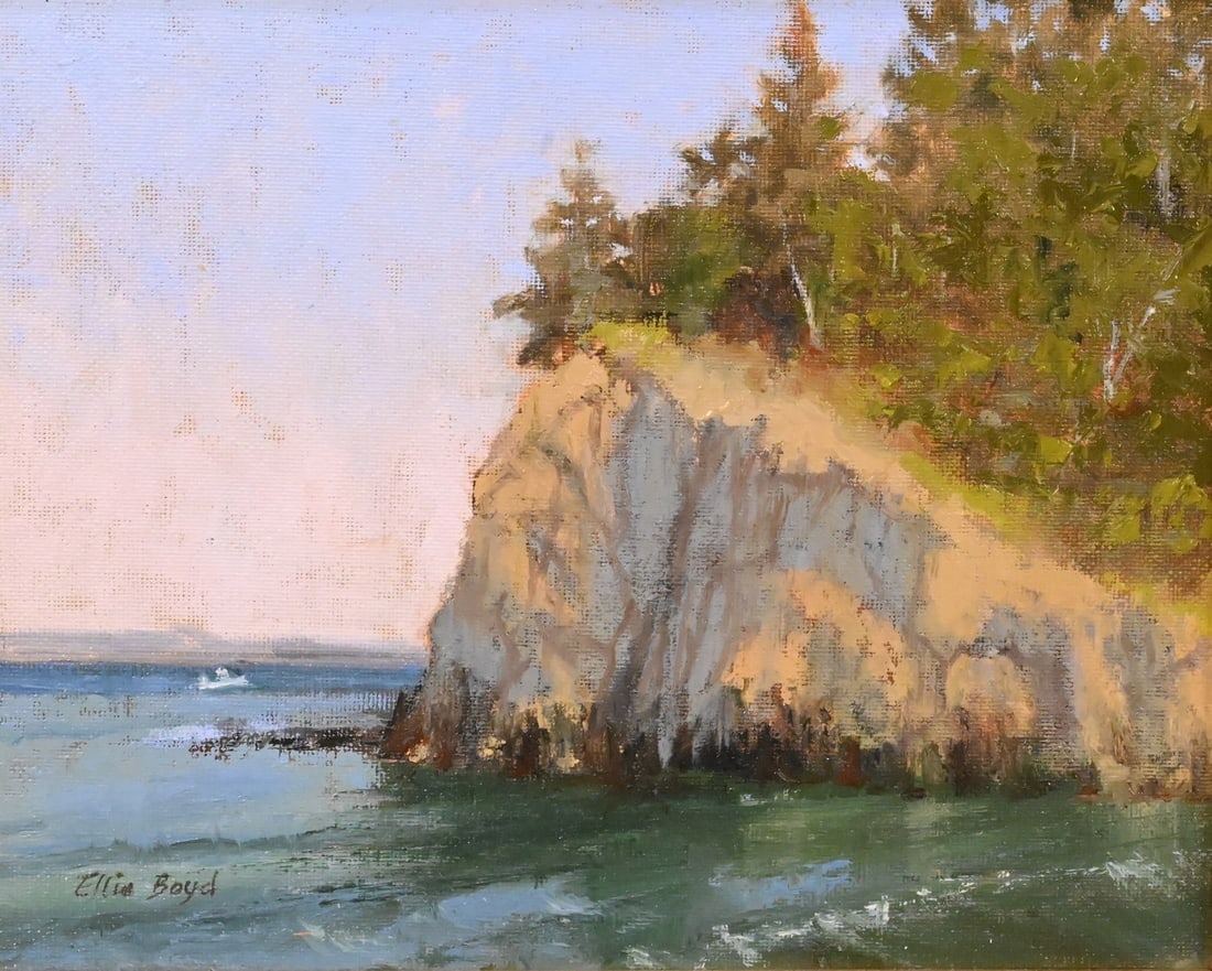 Ellie Boyd (American 20th/21st Century): Ellie Boyd (American 20th/21st Century) "Owls Head" Landscape with Cliff by the Ocean Oil on canvas board Signed lower left Ellie Boyd 8" x 10" board, 11 3/4" x 13 3/4" frame