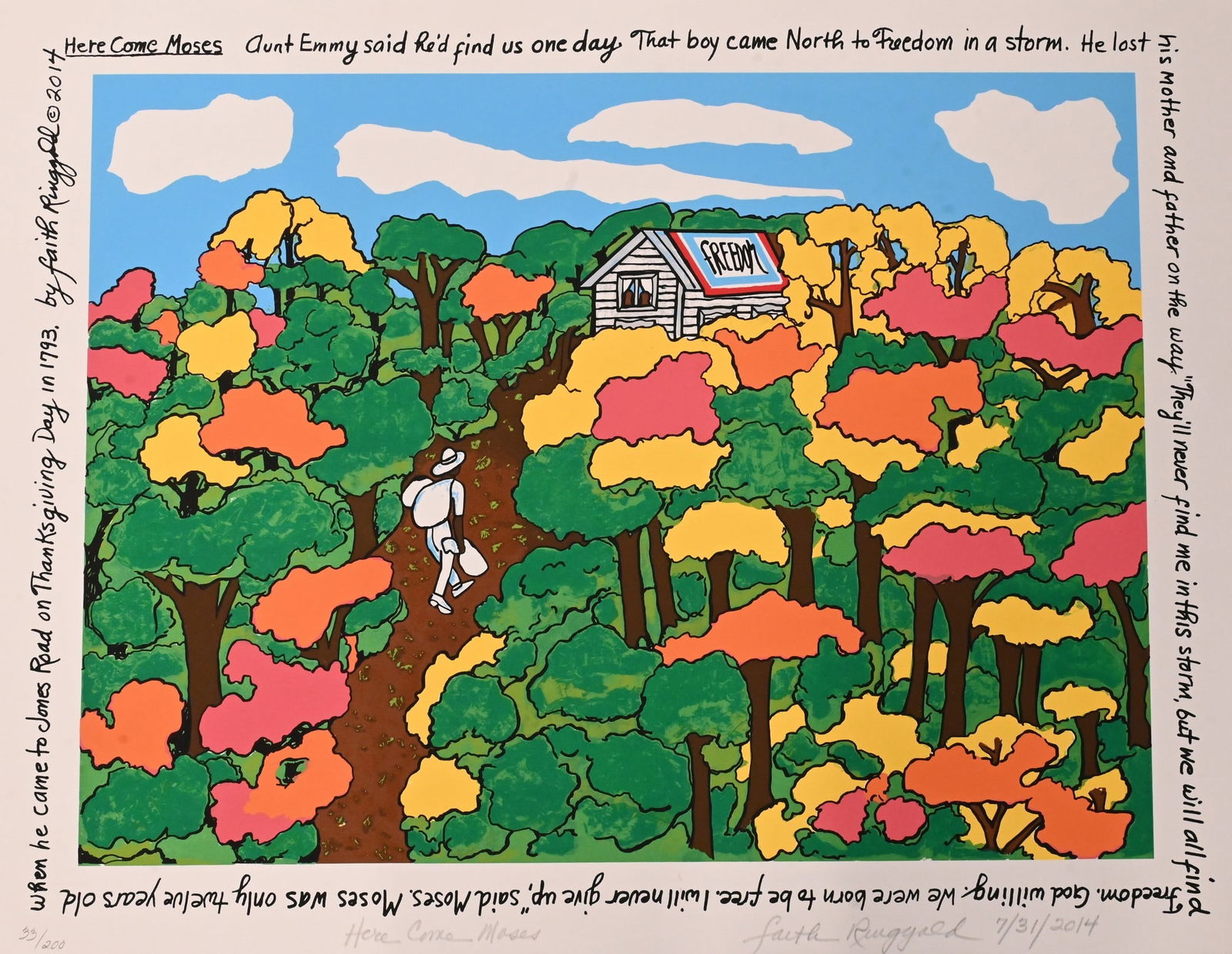 Faith Ringgold (American 1930-2024): Faith Ringgold (American 1930-2024) "Here Comes Moses", 2014 Screenprint, edition 53/200 Pencil signed and dated lower right Faith Ringgold 2014 Printed and published by Experimental Printmaking