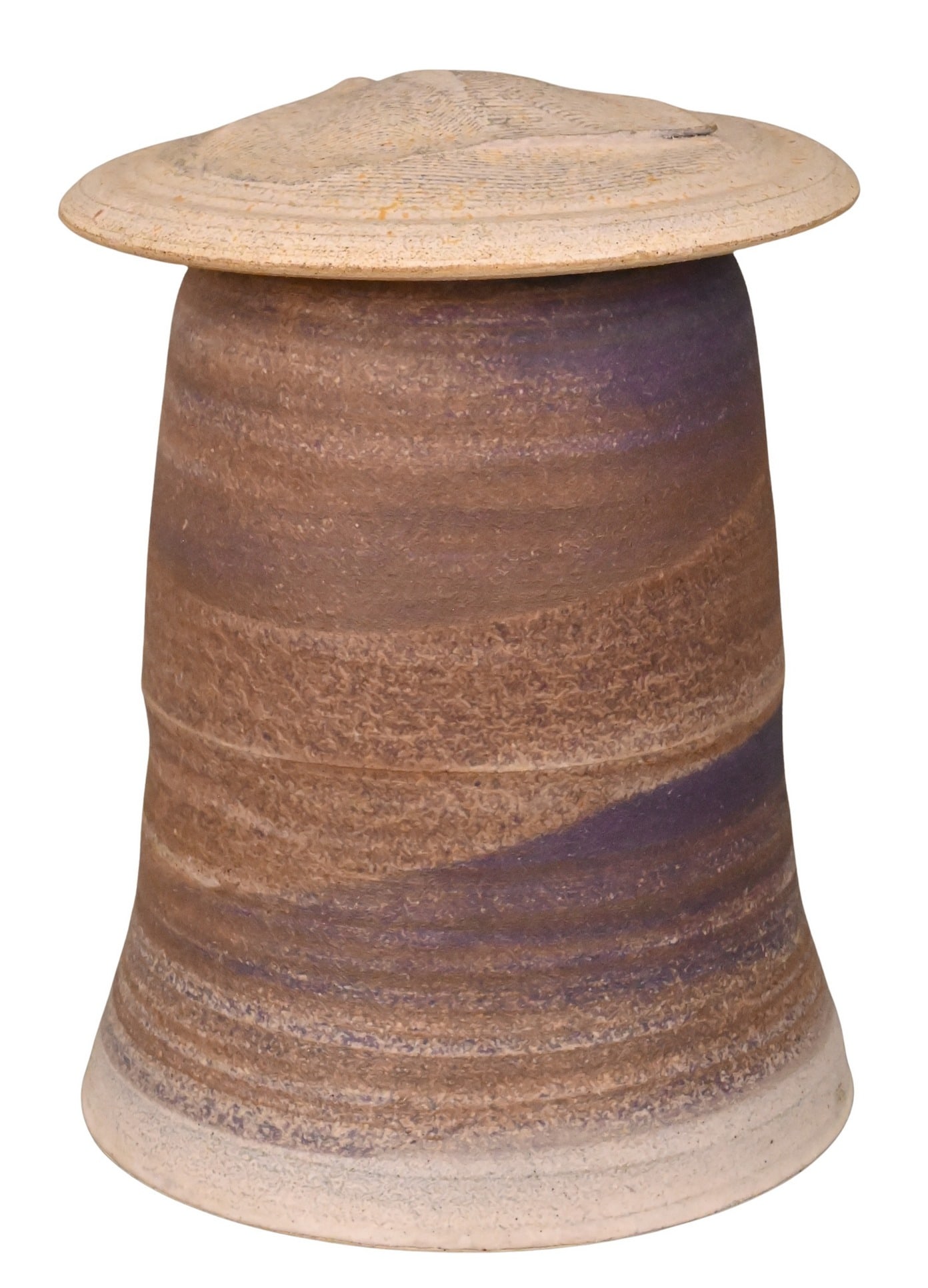 Karen Karnes (American 1925 - 2016): Karen Karnes (American 1925 - 2016) Large Lidded Vessel Studio pottery vessel of cylindrical form with a broad, overhanging rim, finished in mottled blue, tan, and off-white glazes. The surface