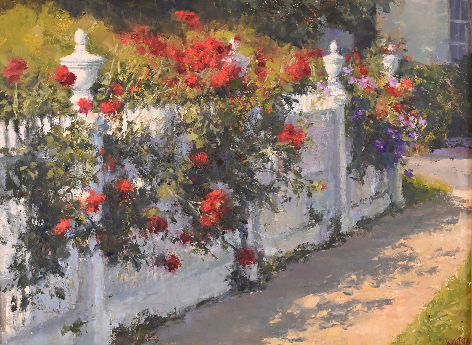 Susan Jositas (American 20th/21st Century): Susan Jositas (American 20th/21st Century) "Southport Reds" Roses along a White Picket Fence Oil on board Signed lower right Jositas 9" x 12" board, 14" x 17" frame Provenance: Susan Powell Fine Art,