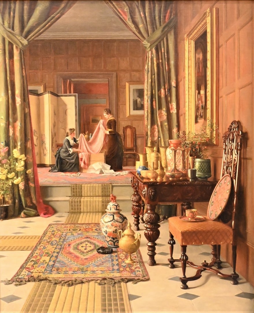 Jessica Ellen Hayllar (British 1858-1940): Jessica Ellen Hayllar (British 1858-1940) "Eastern Presents", 1885 In Eastern Presents, Jessica Hayllar captures a moment of quiet domestic anticipation as two women carefully unroll a bolt of rose-co