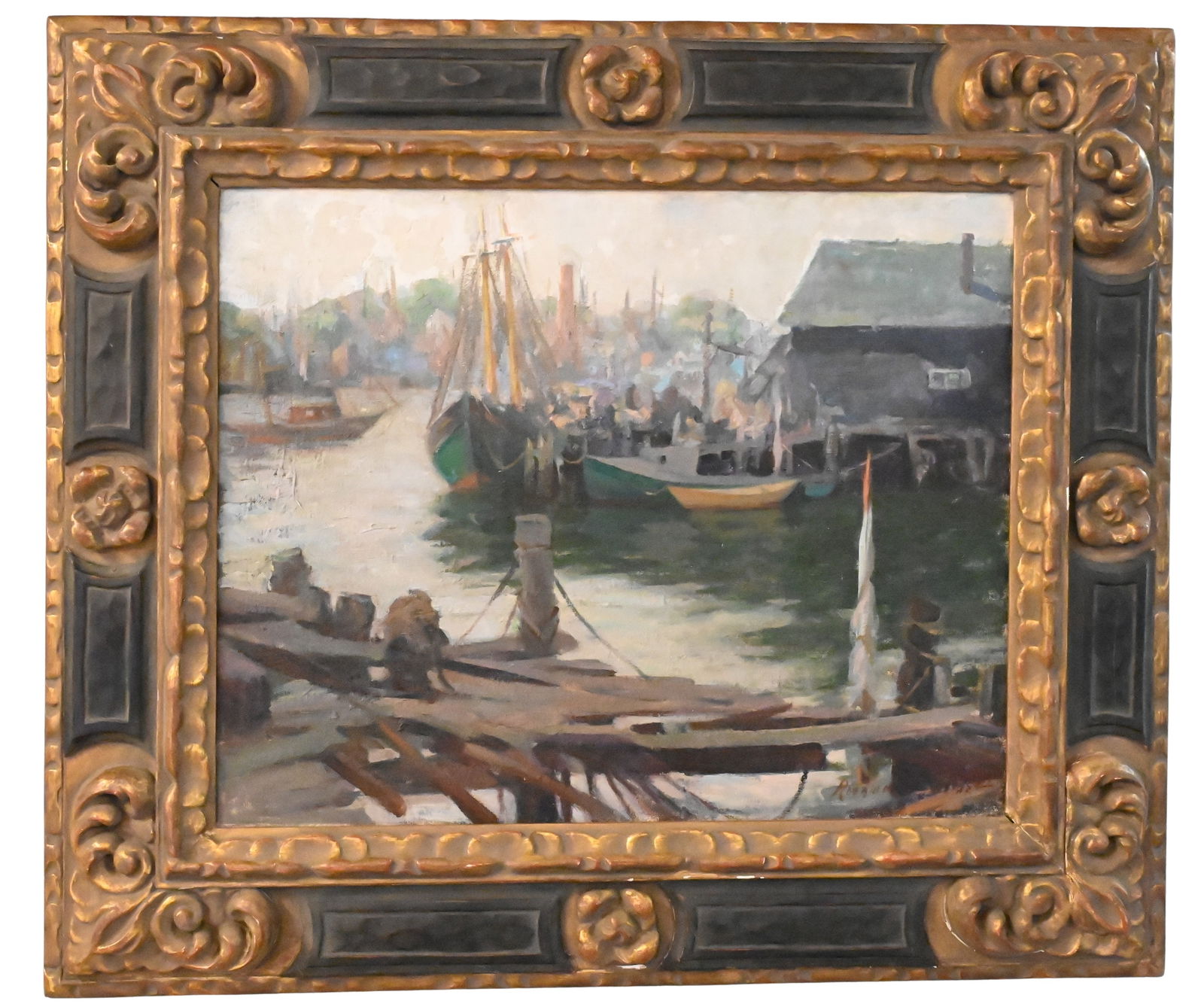Mary Rosamond Coolidge (American 1884-1978): Mary Rosamond Coolidge (American 1884-1978) "View of Gloucester Docks" Oil on canvas board A working harbor scene depicting fishing boats moored along wooden docks, with wharves and waterfront buildin