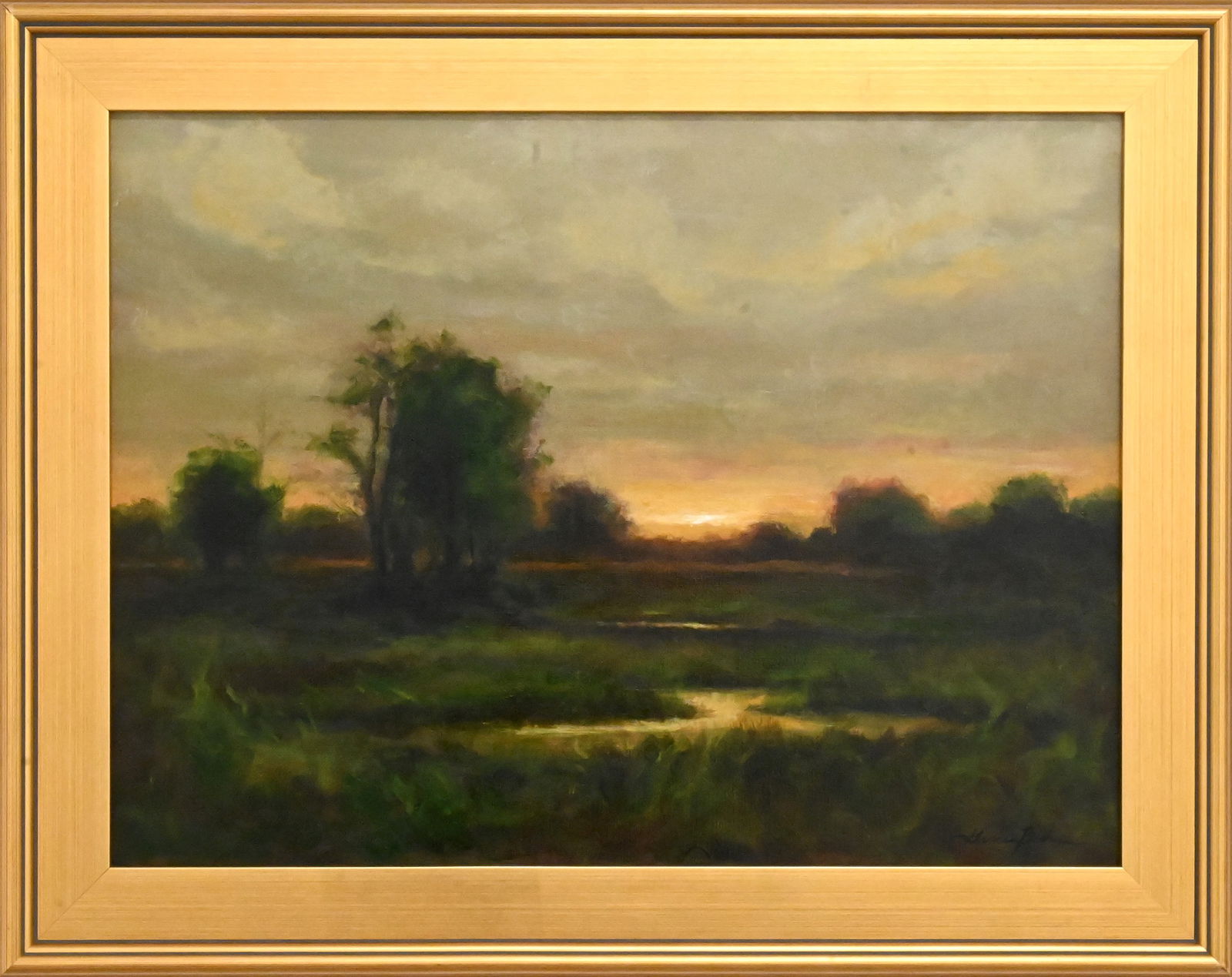 Grace H. Birch (American B.2000): Grace H. Birch (American B.2000) "Last Light in the Valley", 2026 A pastoral landscape with a winding stream and softly luminous sunset sky. The restrained palette and atmospheric handling recall the