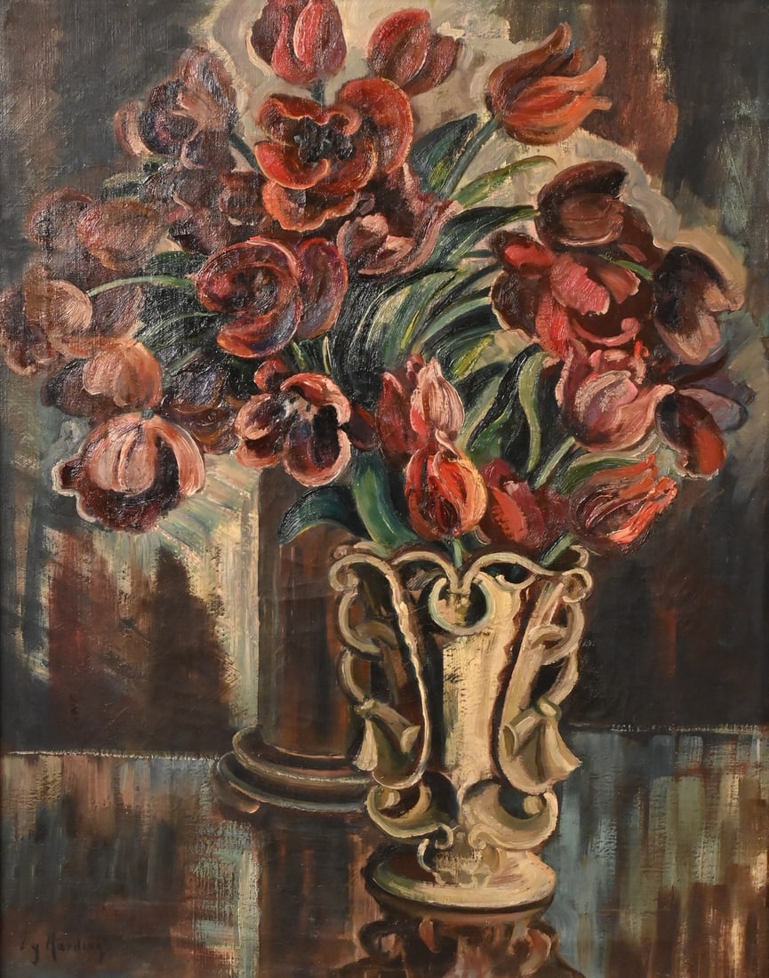 Ly Stellar Harding (American 1881-1968): Ly Stellar Harding (American 1881-1968) "Tulips in Vases" Oil on canvas Signed lower left Ly Harding 28" x 22"