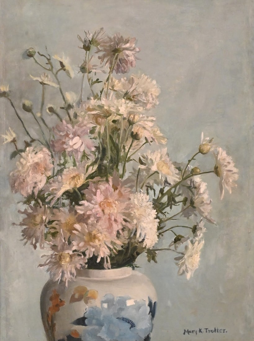 Mary Kempton Trotter (American 1857/59-1925): Mary Kempton Trotter (American 1857/59-1925) "Still Life of Mums in an Oriental Vase" Depicting a delicate arrangement of white and pale pink chrysanthemums in a blue and white ceramic vase with flora