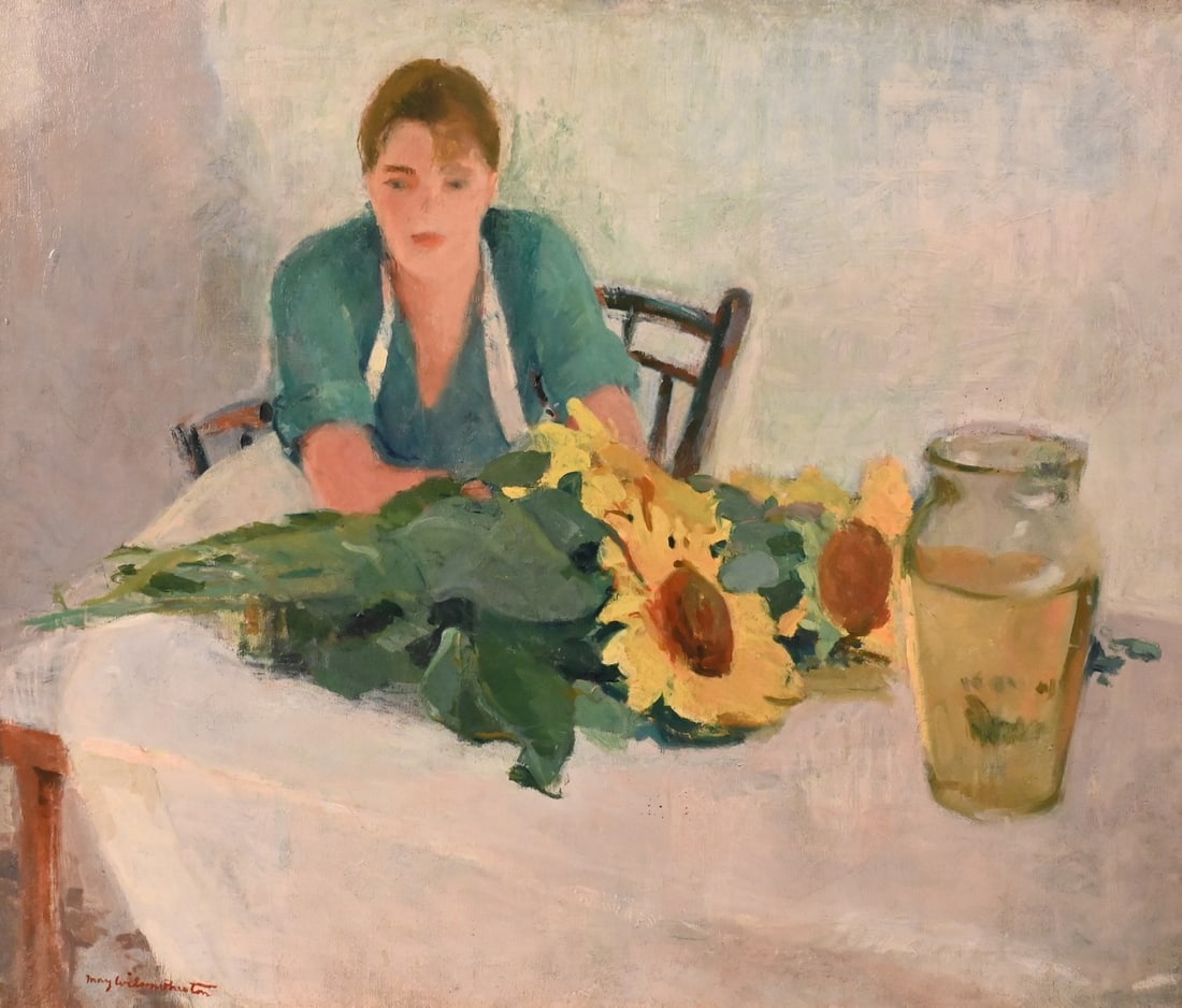 May Wilson Preston (American 1873-1949): May Wilson Preston (American 1873-1949) "Woman with Sunflowers" Oil on canvas A quiet interior scene depicting a woman seated at a table arranging sunflowers, set against a restrained, neutral ground.