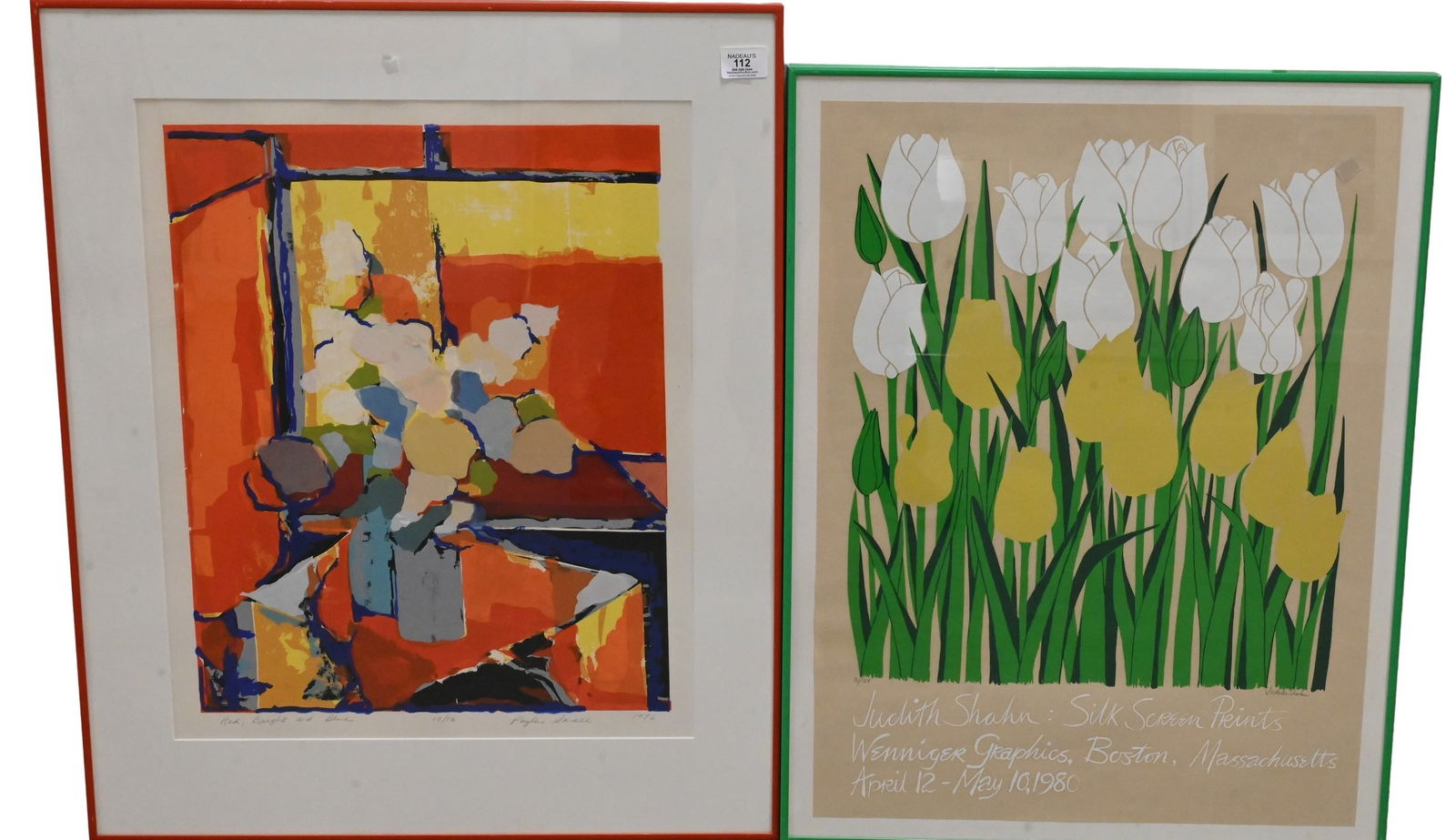 Two Framed Floral Still Lifes: Two Framed Floral Still Lifes to include Judith Shahn (American 1929-2009) "Tulips White and Yellow" Wenniger Graphics, Boston 1980 Serigraph poster, edition 31/124 Signed lower right Judith Shahn 26"