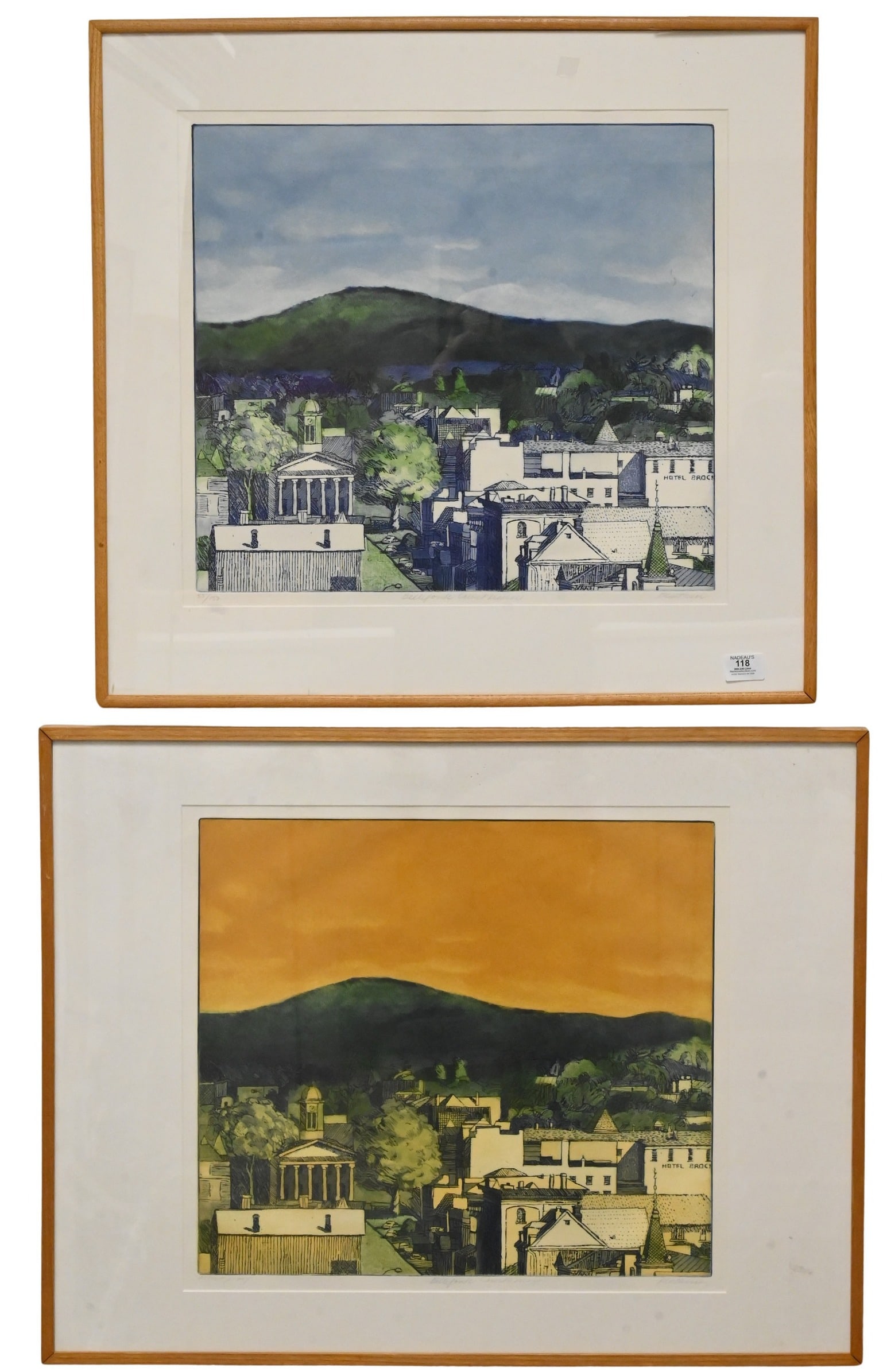 Four: Linda Plotkin (American B.1938): Four: Linda Plotkin (American B.1938) "Bellefonte Courthouse" (Orange) 1976 Aquatint etching, A.P. Signed lower right Plotkin 19" x 21" "Bellefonte Courthouse" (Blue) 1976 Aquatint etching, A.P. Signe