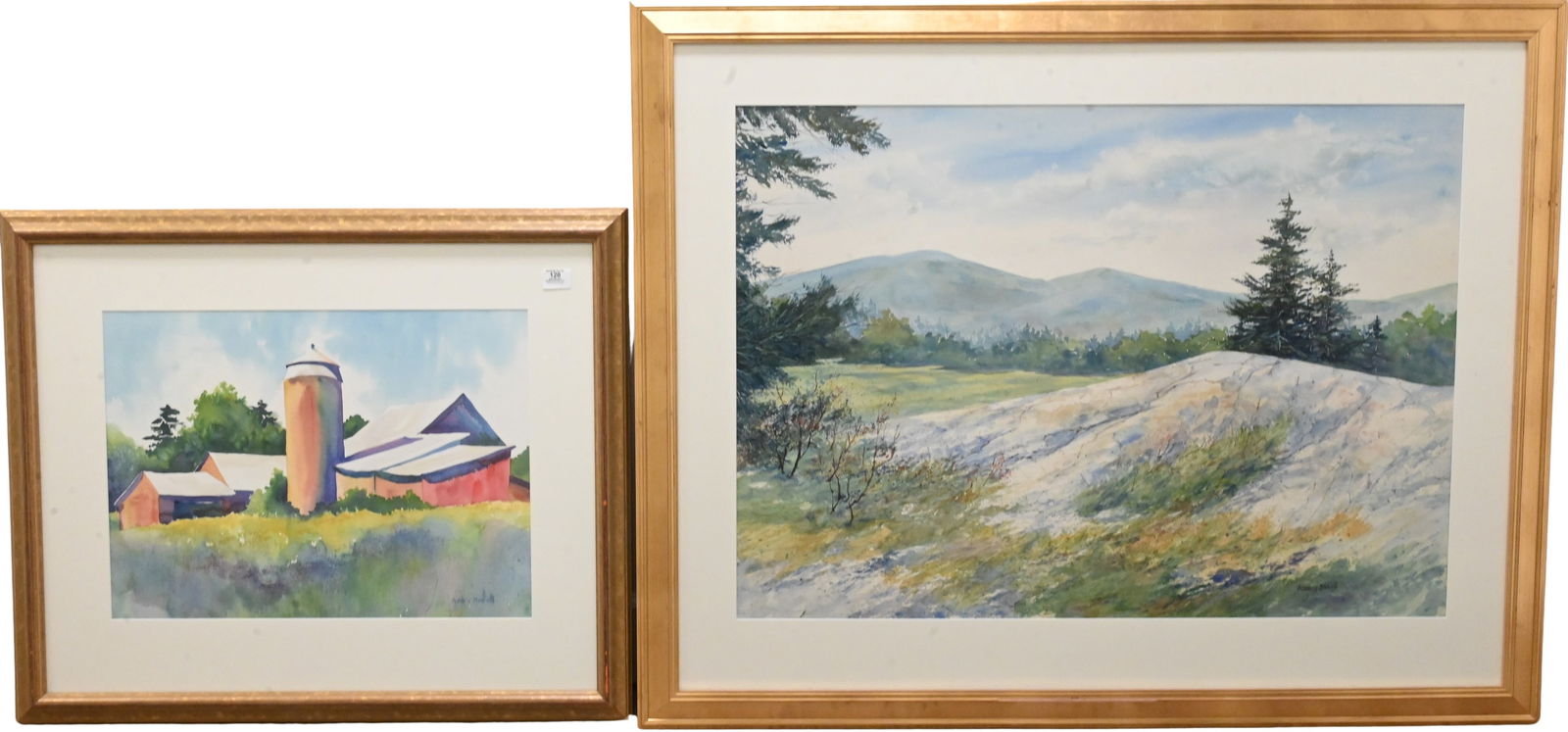 Two: Nancy Howell (American 20th/21st Century): Two: Nancy Howell (American 20th/21st Century) "New England Landscape" Watercolor on paper Signed lower right Nancy Howell 27" x 38" Farm Landscape Watercolor on paper Signed lower right Nancy Howell
