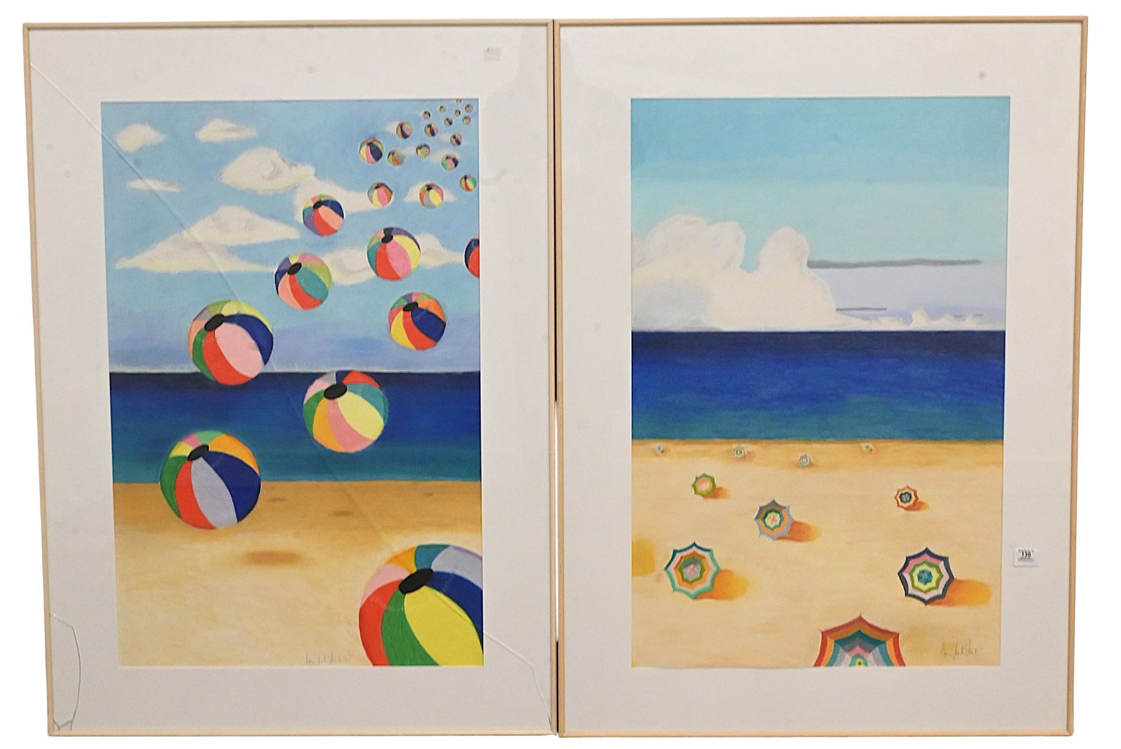 Two: Nancy Staub Laughlin (American 20th/21st Century): Two: Nancy Staub Laughlin (American 20th/21st Century) "Beach Balls in Sky", 1983 Pastel on paper Signed and dated bottom center Nancy Staub '83 34 1/4" x 23" "Umbrellas", 1983 Pastel on paper Signed