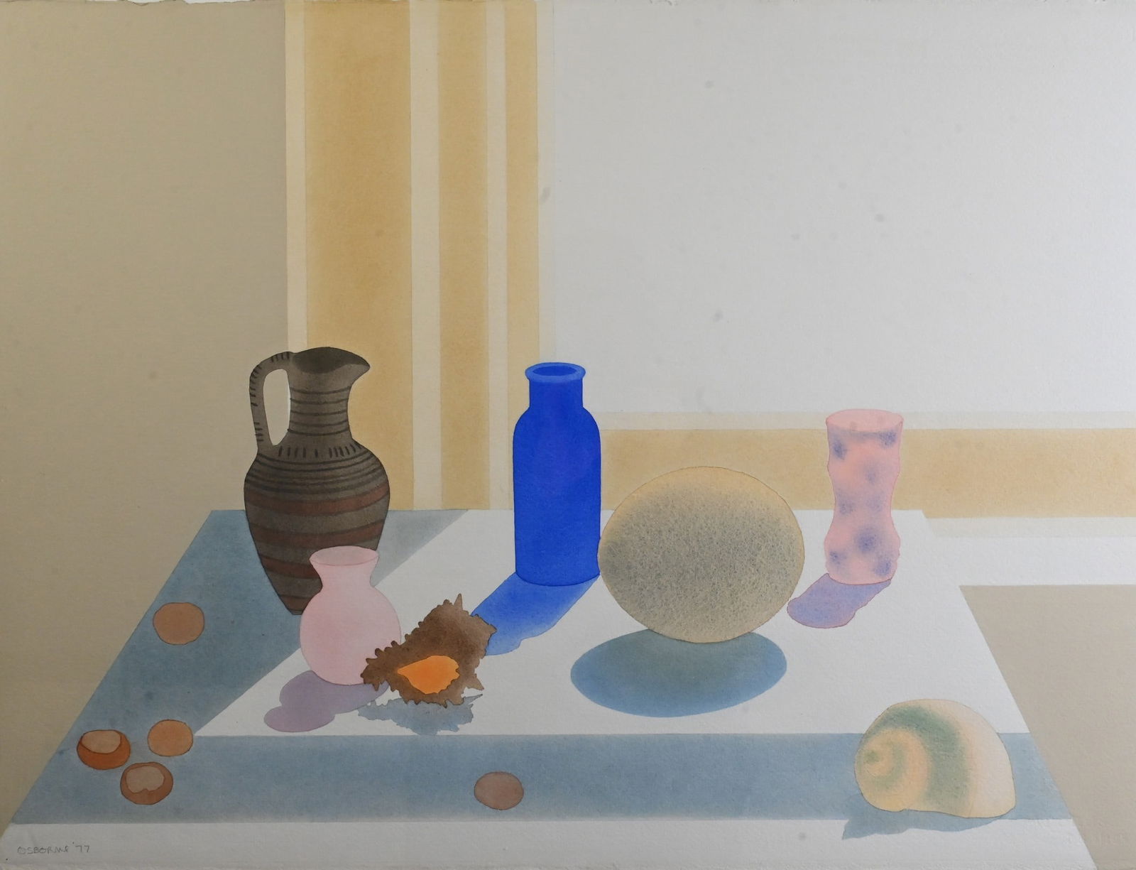 Elizabeth Osborne (American B.1936): Elizabeth Osborne (American B.1936) Table Still Life with Blue Bottle, Shell and Vase by a Window, 1977 Watercolor on paper Signed and dated lower right Osborne '77 22" x 30" Provenance: Property from