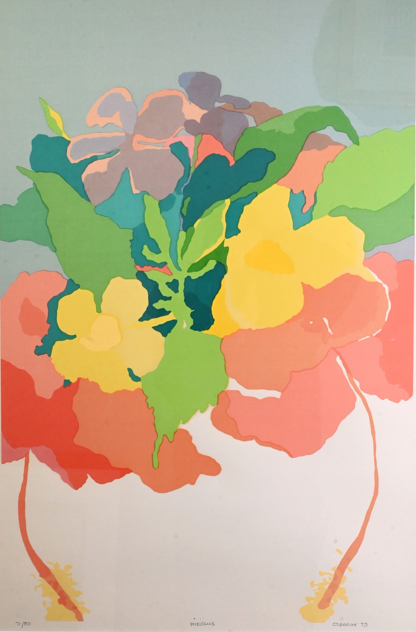 Elizabeth Osborne (American B.1936): Elizabeth Osborne (American B.1936) "Hibiscus", 1973 Screenprint, edition 71/80 Signed and dated lower right Osborne '73 29" x 19" sight, 37" x 27" frame Provenance: Property from a Private Collection