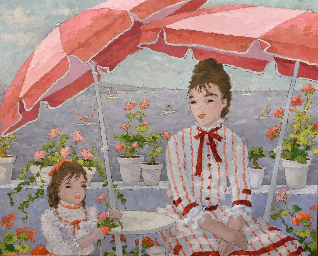 Suzanne Eisendieck (German 1908-1998): Suzanne Eisendieck (German 1908-1998) "Terrasse a Eze" Scene depicting a mother and daughter seated on a terrace along the Mediterranean Sea Oil on canvas Signed lower left Suzanne Eisendieck