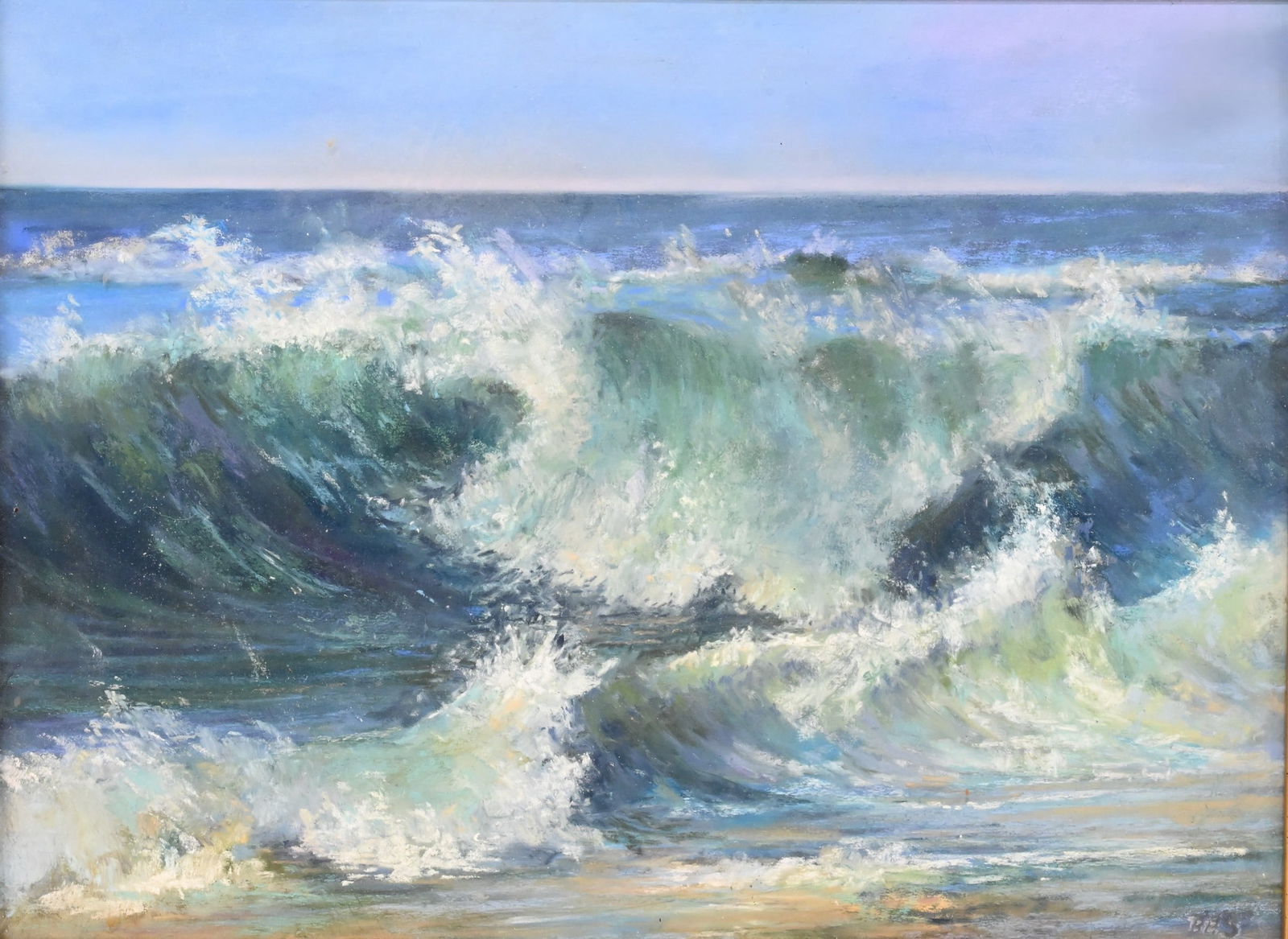 Beverly Schirmeier (American 20th/21st Century): Beverly Schirmeier (American 20th/21st Century) "Big Wave" Pastel on paper Signed lower right B.A.S 11" x 15" sight, 16" x 20" frame Gallery label verso with original price ($750)