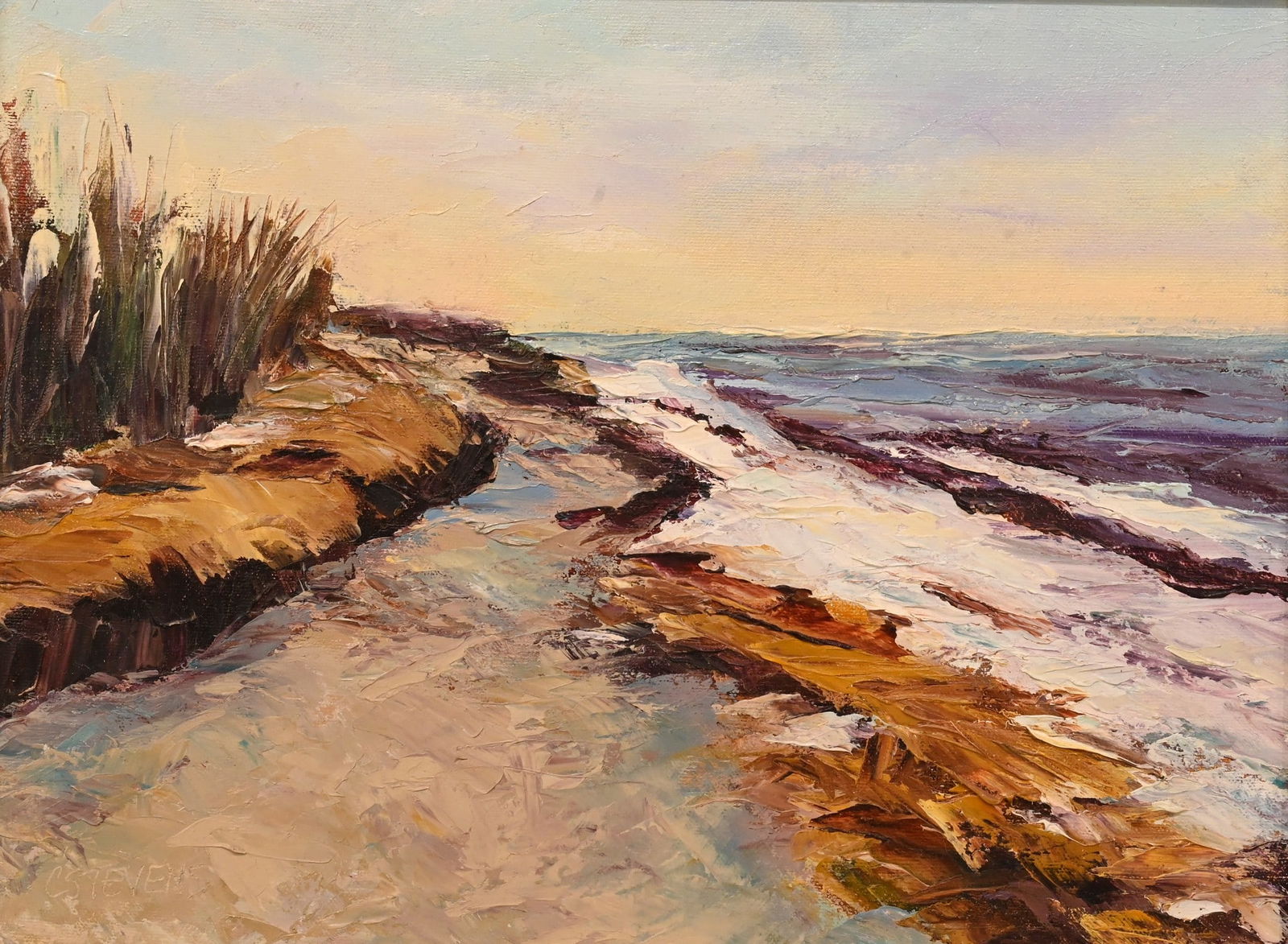 Cindy Stevens (American 20th/21st Century): Cindy Stevens (American 20th/21st Century) "January Walk" Beach Dune Landscape Oil on board Signed lower left C.Stevens, signed and titled verso 12" x 16" board, 17" x 21" frame Provenance: Cindy Stev