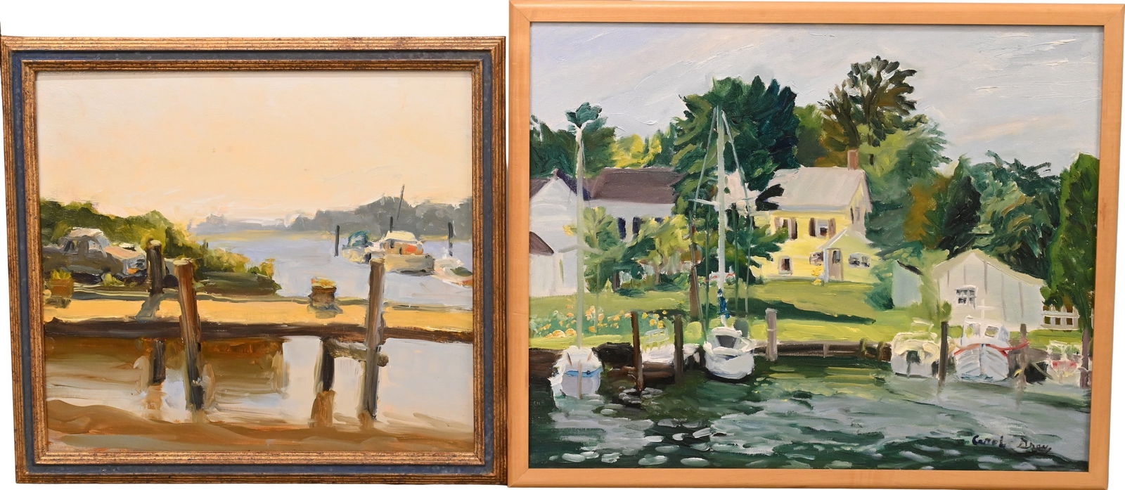 Two: Carol Gray (American 20th Century): Two: Carol Gray (American 20th Century) “Saint Michael's” Docked Boats at Harbor Oil on canvas Signed lower right Carol Gray 16? x 20" canvas Harbor Scene with Boat and Truck Oil on board 14"