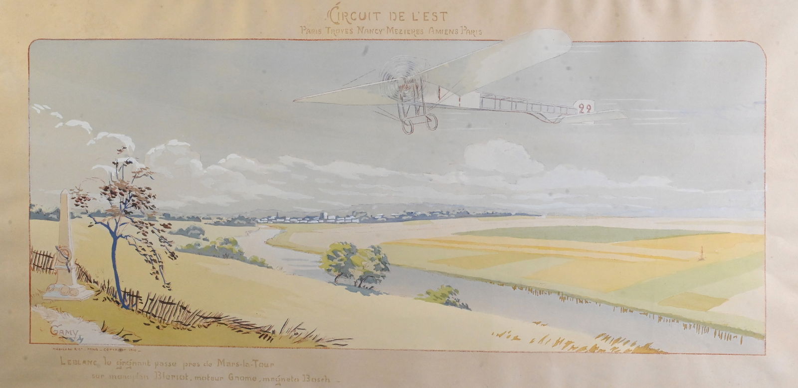 Marguerite 'Gamy' Montaut (French 1883-1936): Marguerite 'Gamy' Montaut (French 1883-1936) "Circuit De L'Est", 1910 Depicting Alfred Le Blanc, winner of the Eastern Circuit cross-country race, gliding over the fields of Mars-La-Tour in France's L