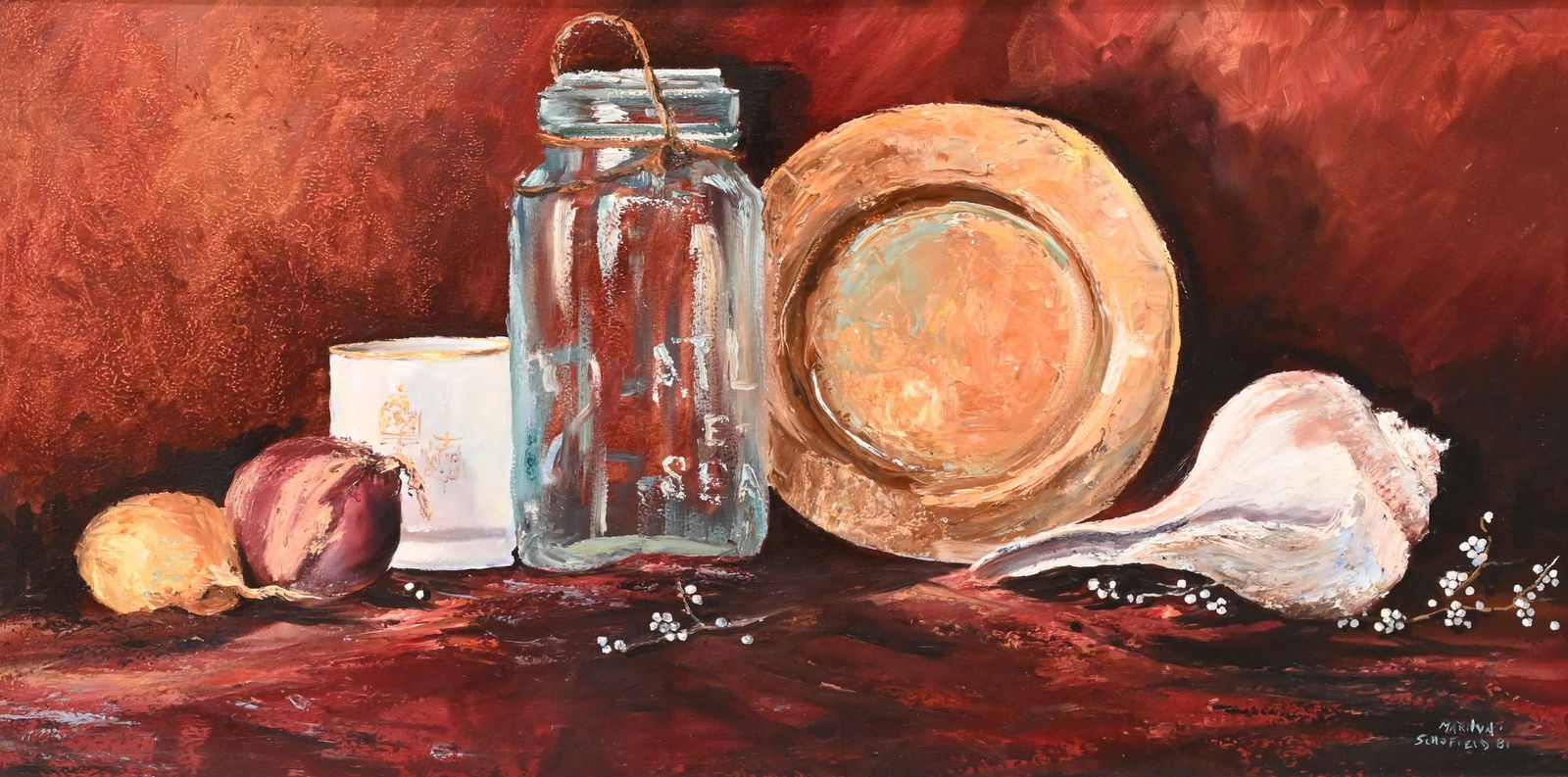Marilyn Chace Schofield (American 1936-2011): Marilyn Chace Schofield (American 1936-2011) Still Life with Mason Jar, Shell and Copper Plate, 1981 Oil on masonite Signed and dated lower right Marilyn Schofield 81 15" x 30" board, 22" x 37"