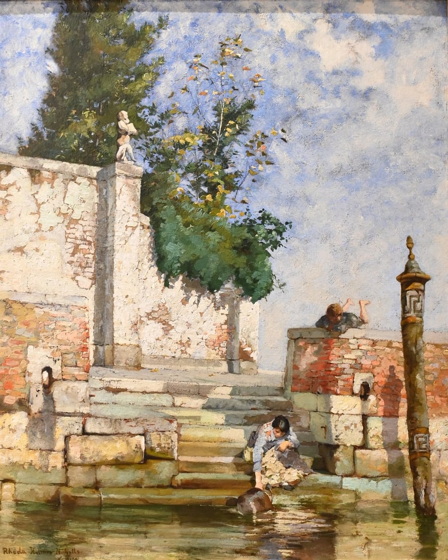 Rhoda Carleton Holmes Nicholls (British/American 1854-1930): Rhoda Carleton Holmes Nicholls (British/American 1854-1930) "Venice" Oil on board The composition depicts a Venetian canal scene with stone steps descending into the water, animated by a figure drawin