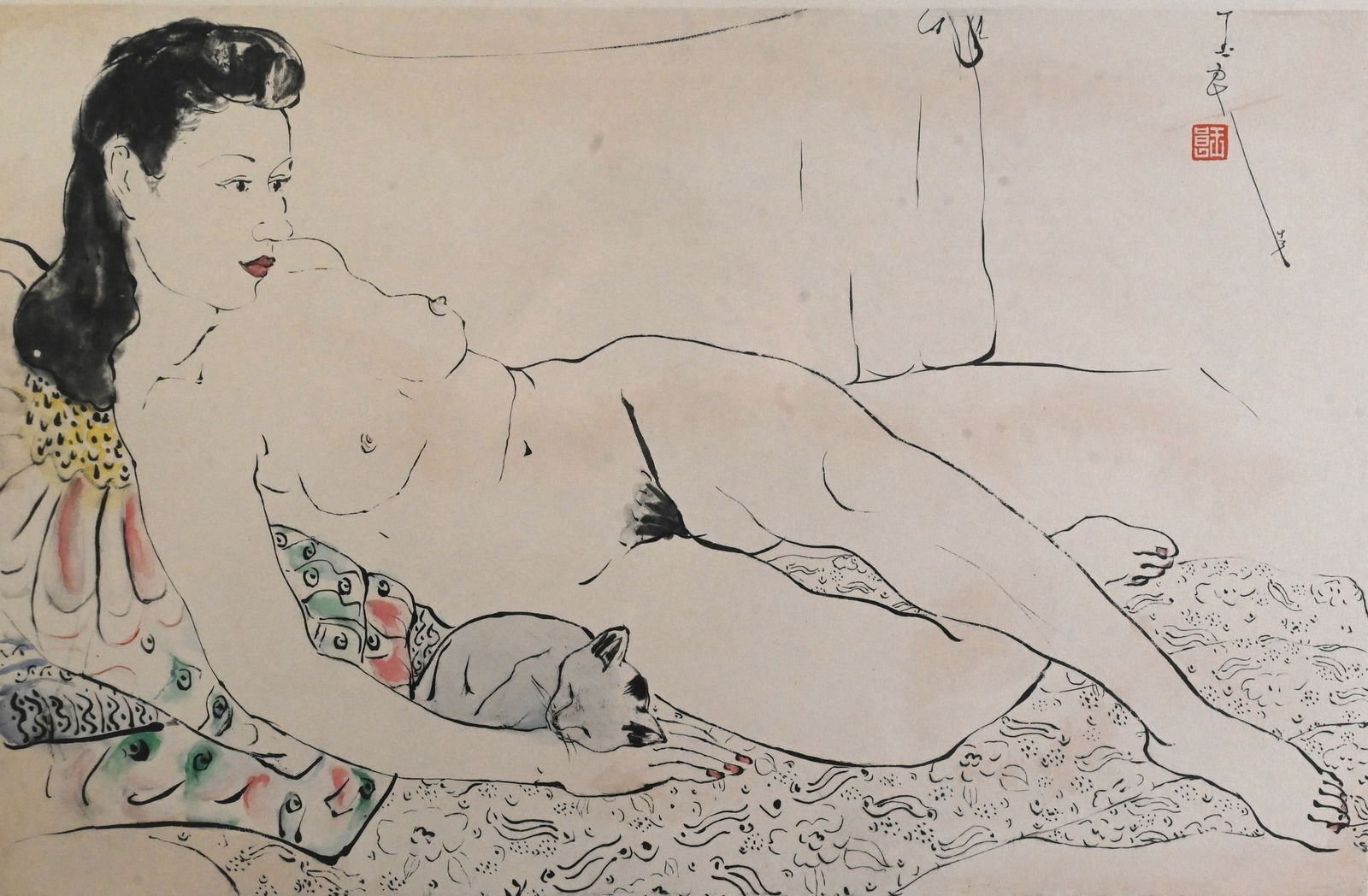 Pan Yuliang (Chinese/French 1895-1977): Pan Yuliang (Chinese/French 1895-1977) "Nu Au Chat", 1943 depicting a reclining female nude stretched across a patterned surface, accompanied by a small cat resting at her side. The figure is rendered