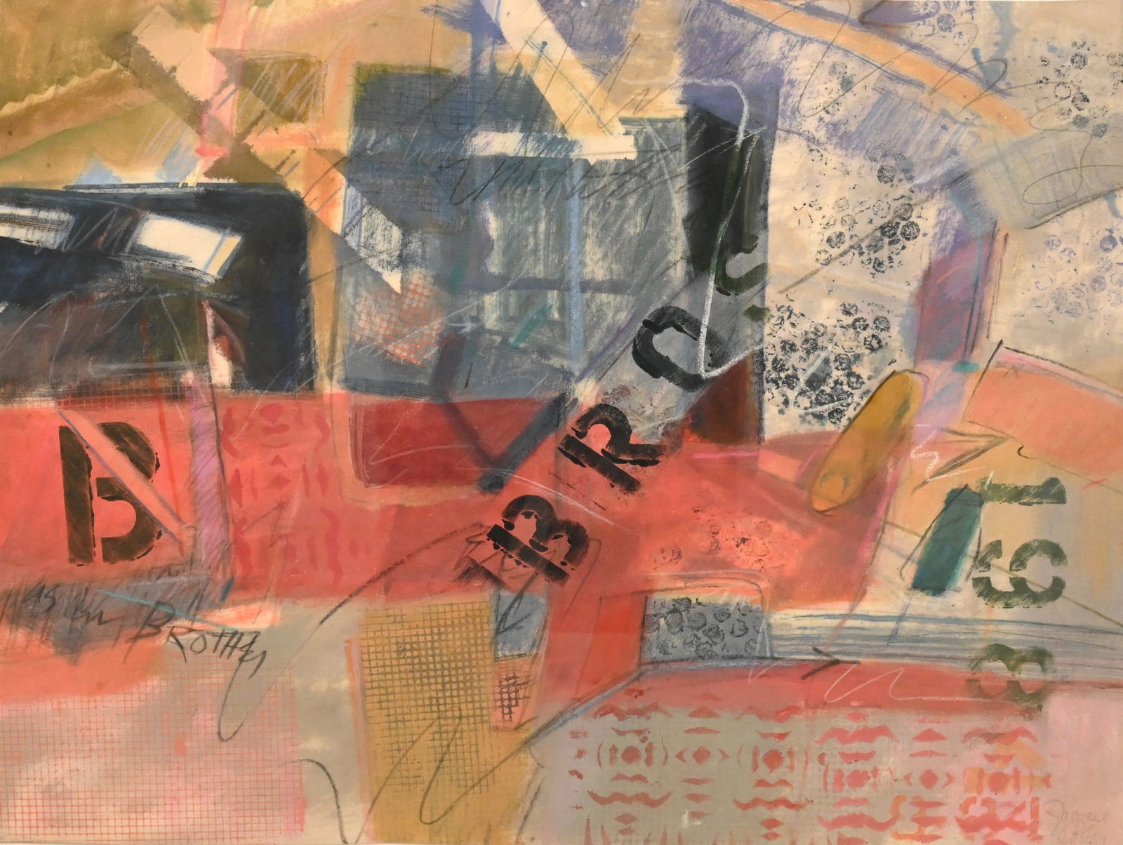 Jacqueline Cotter (American 1921-2018): Jacqueline Cotter (American 1921-2018) "B as in Brothers" Mixed media, pastel on paper Signed lower right Jacqueline Cotter 17" x 23" Provenance: Property from a Private Collection Reference: