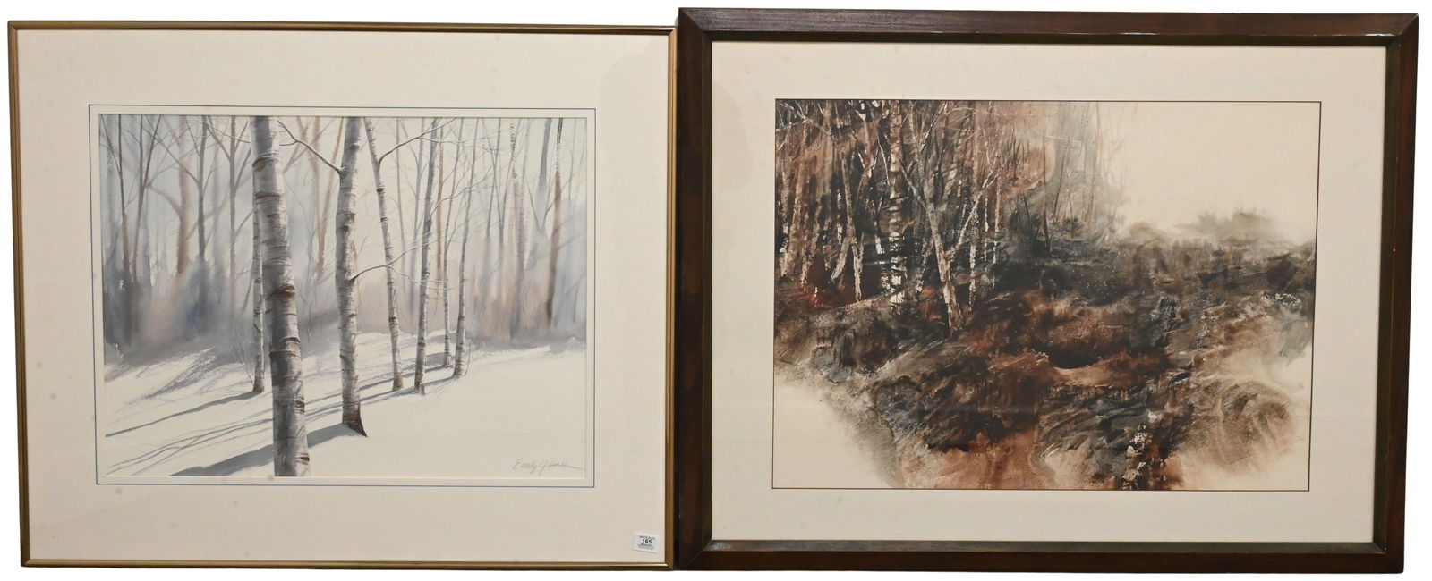 Two Framed Birch Tree Landscapes: Two Framed Birch Tree Landscapes to include Emily James (American 20th/21st Century) "Birch Trees" Watercolor on paper Signed lower right Emily James 32" x 39" frame Barbara Besson (American 20th/21st