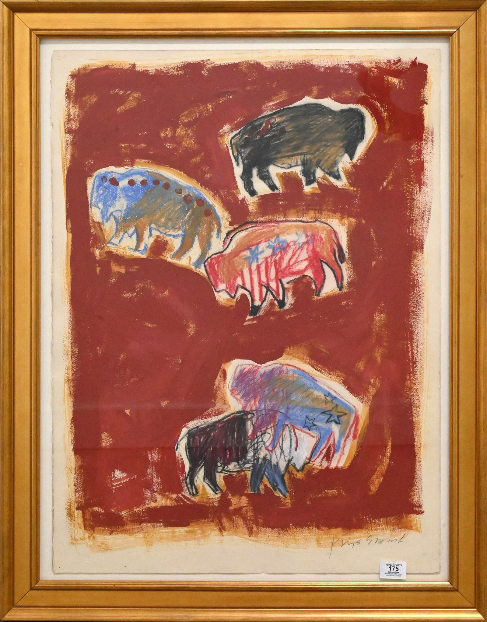 Jaune Quick-To-See Smith (Native American Salish and Kootenai Nations 1940-2025): Jaune Quick-To-See Smith (Native American Salish and Kootenai Nations 1940-2025) "American Bison" Mixed media on paper Expressive composition featuring a series of stylized buffalo rendered in bold, g